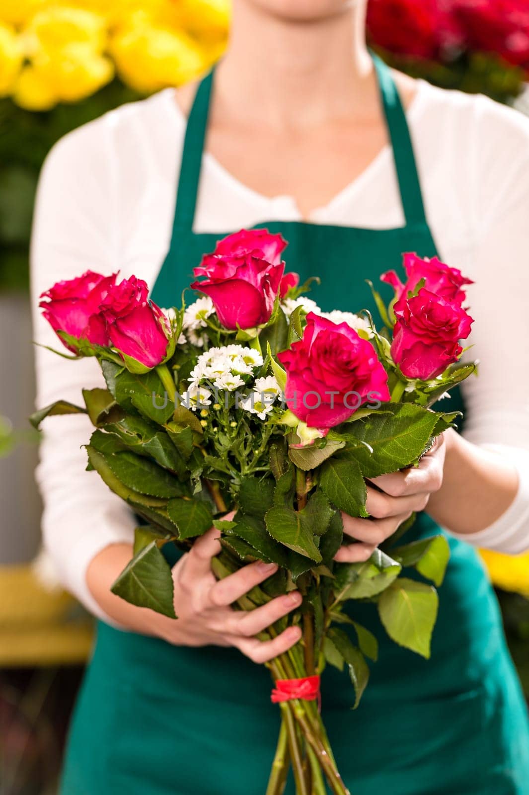 Female holding bouquet flowers pink roses flower shop