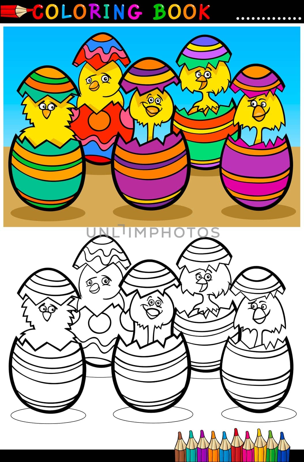 Cartoon Illustration of Five Little Yellow Chickens or Chicks in Colorful Eggshells of Easter Eggs for Coloring Book