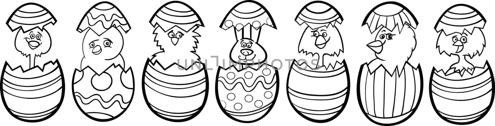 Black and White Cartoon Illustration of Six Little Chickens or Chicks and one Easter Bunny in Colorful Eggshells of Easter Eggs for Coloring Book