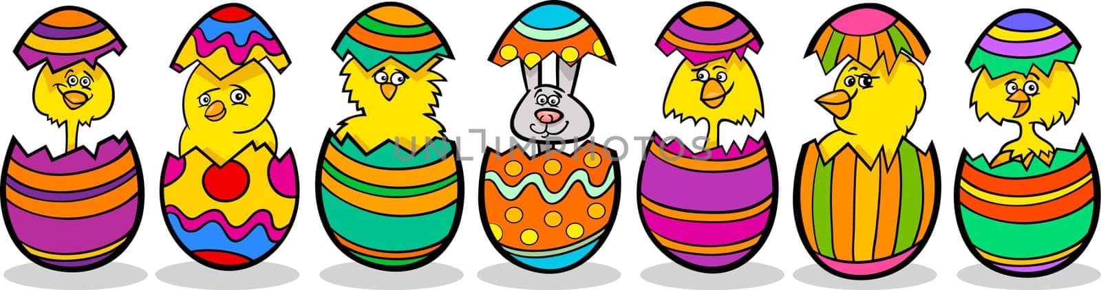 Cartoon Illustration of Six Little Yellow Chickens or Chicks and one Easter Bunny in Colorful Eggshells of Easter Eggs