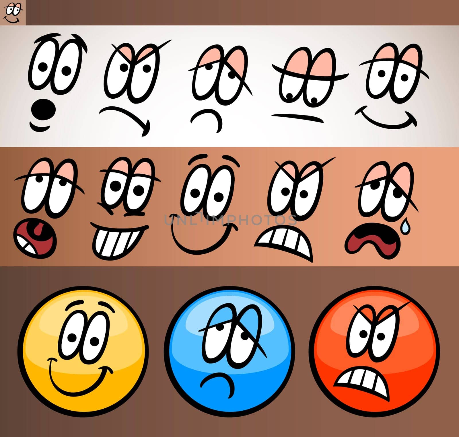 Cartoon Illustration of Funny Emoticon or Emotions and Expressions like Sad, Happy, Angry or Skeptic