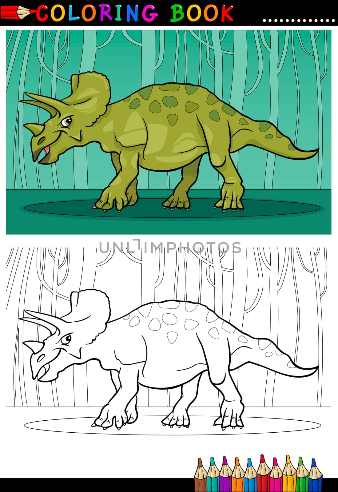 Cartoon Illustration of Triceratops Dinosaur Reptile Species in Prehistoric World for Coloring Book and Education