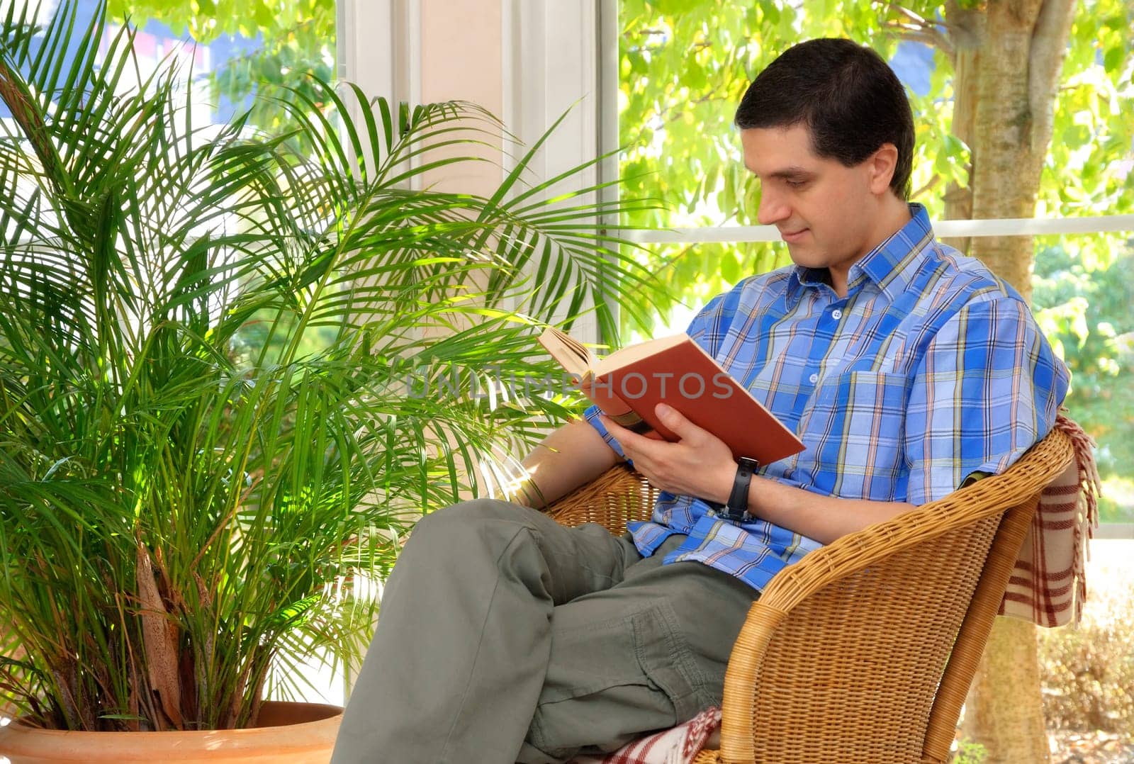 Man reading relaxed in living room,surrounded by greenery
