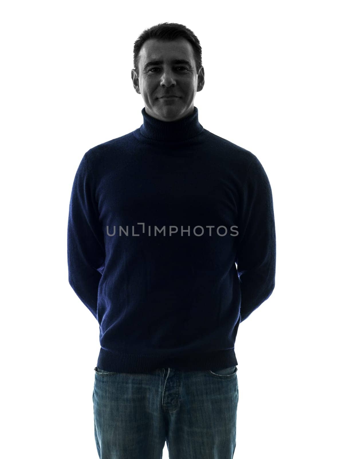 one caucasian man smiling friendly  portrait in silhouette studio isolated on white background