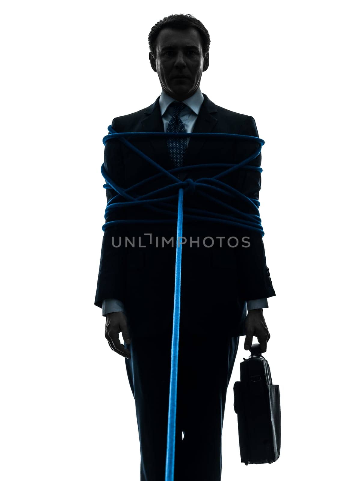 one caucasian business man tied up prisoner  in silhouette studio isolated on white background