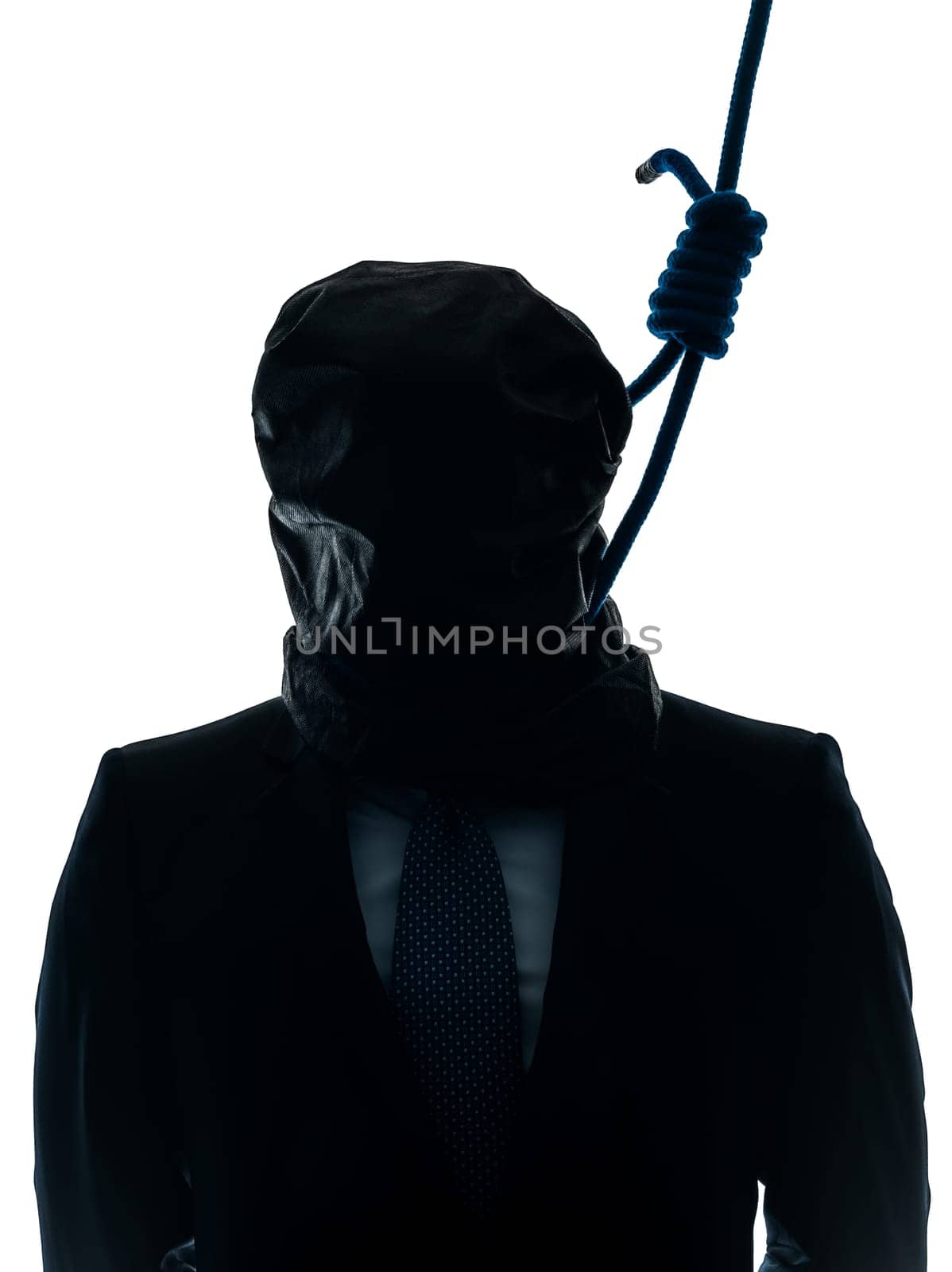 one caucasian criminal man with hangman noose around the neck  in silhouette studio isolated on white background