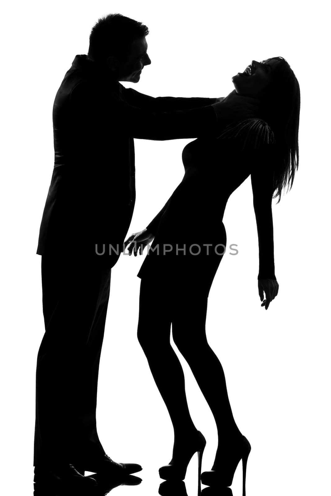one caucasian couple man strangulate woman expressing domestic violence in studio silhouette isolated on white background