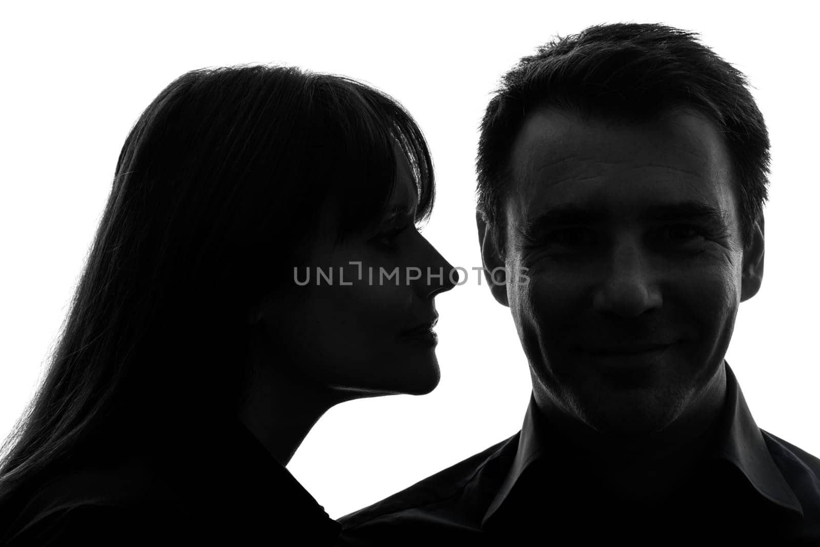 one caucasian couple woman man close up portrait  in silhouette studio isolated on white background