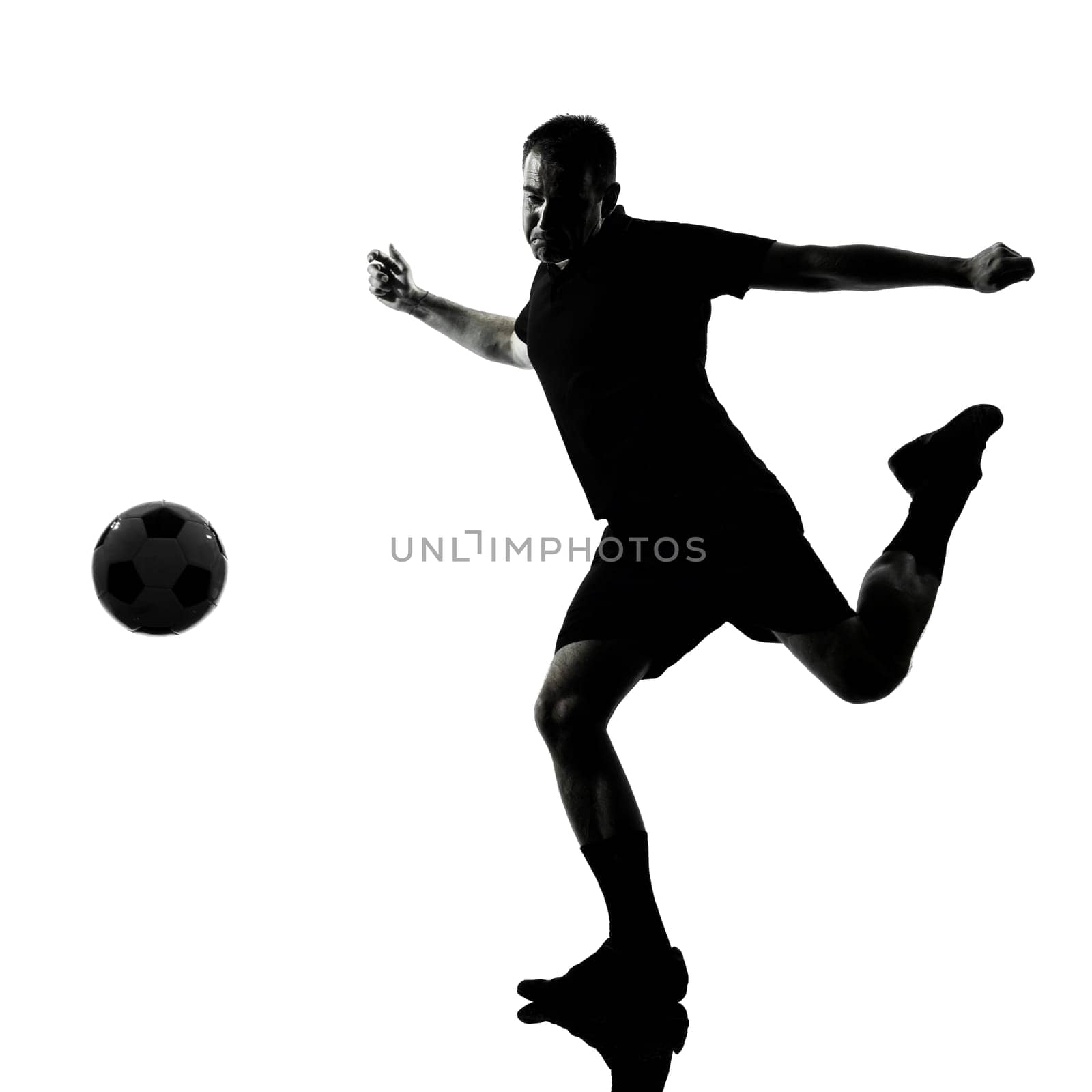 one man soccer player in studio silhouette isolated on white background