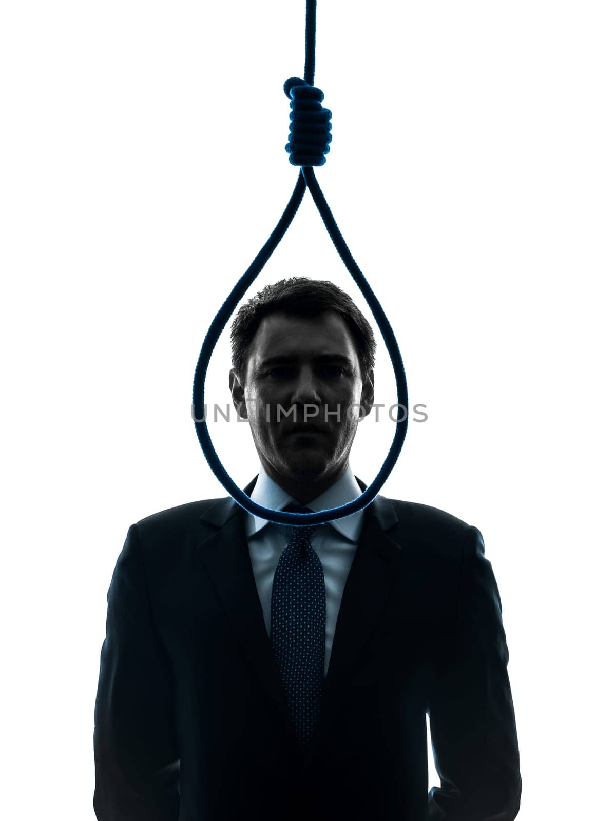 one caucasian business man standing in front of hangmans noose in silhouette studio isolated on white background