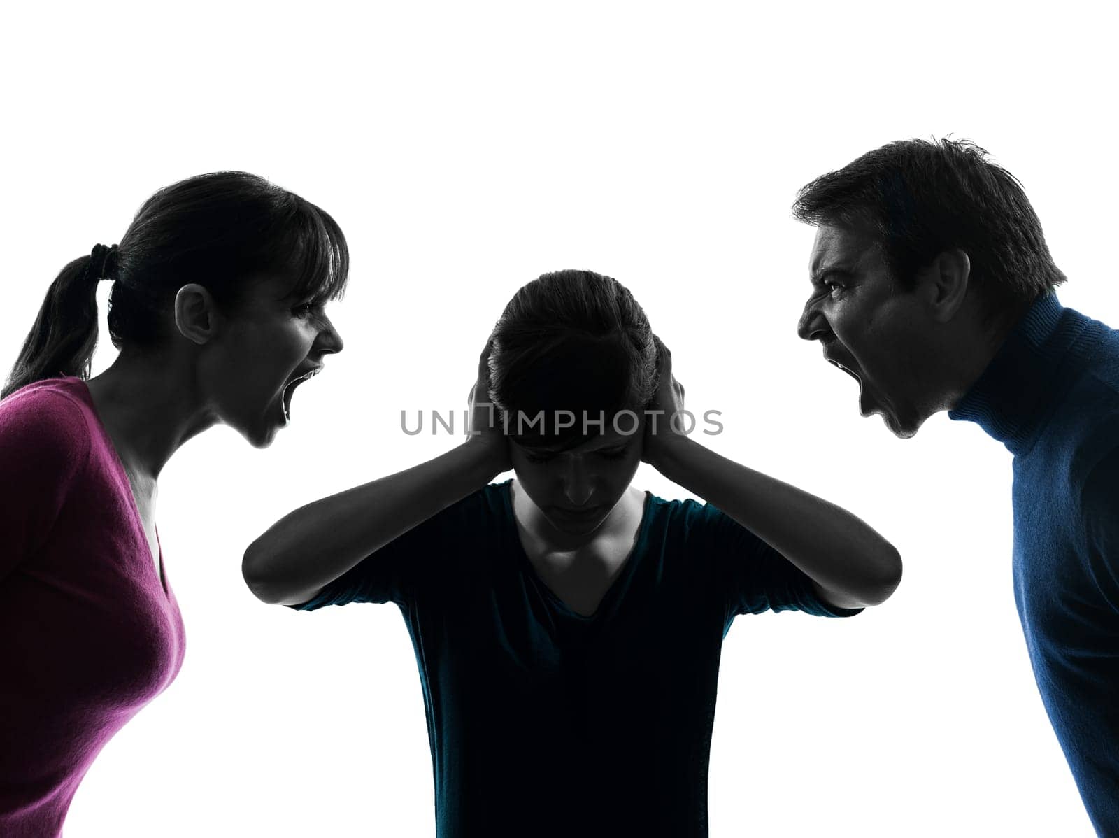 one caucasian family father mother daughter dispute screaming  in silhouette studio isolated on white background