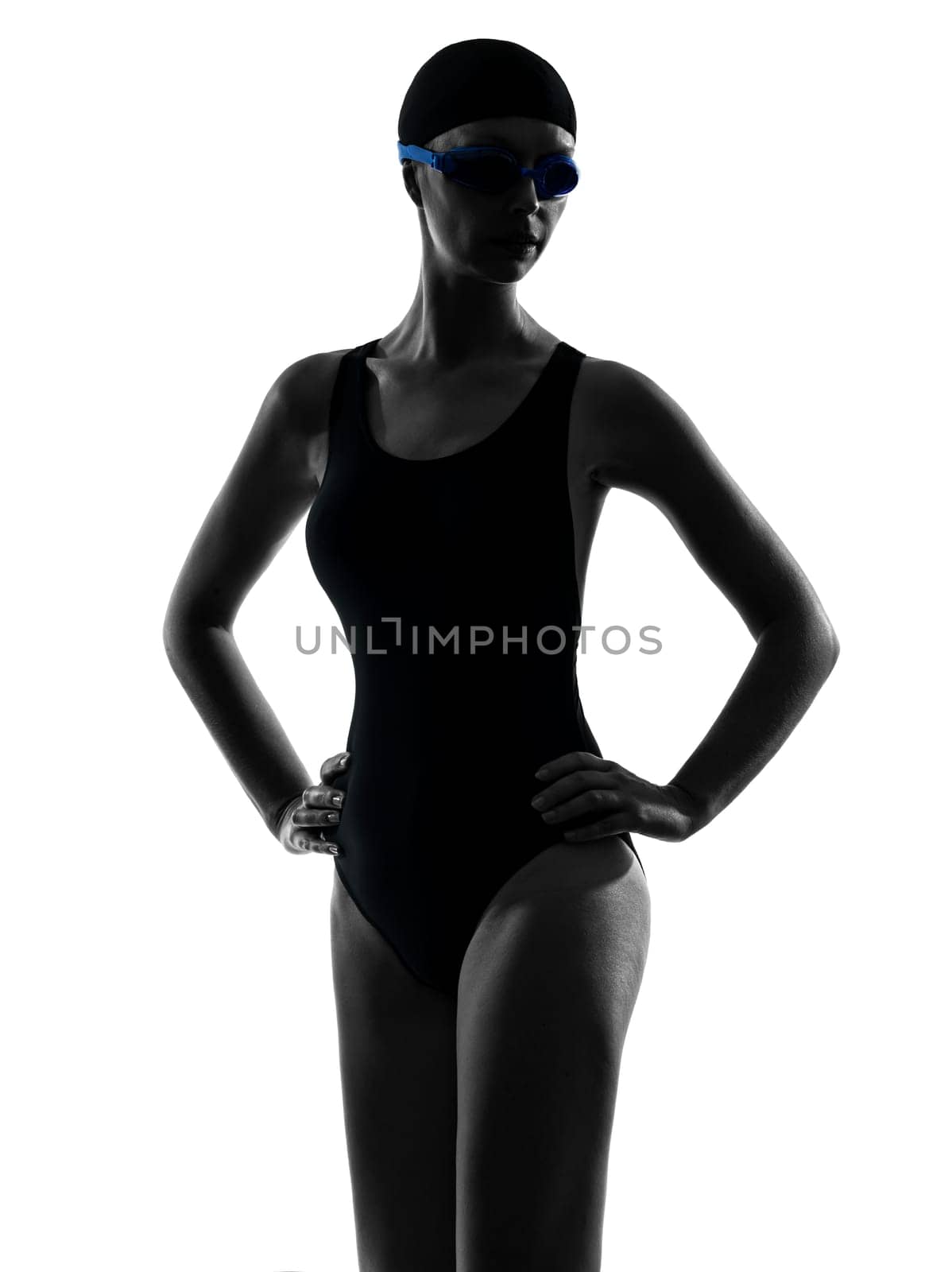 one caucasian woman competition swimmer portrait  in silhouette studio isolated on white background