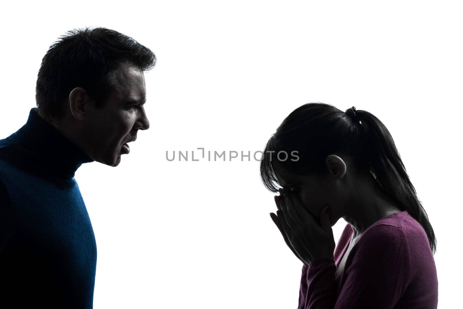 one caucasian couple woman man dispute    in silhouette studio isolated on white background