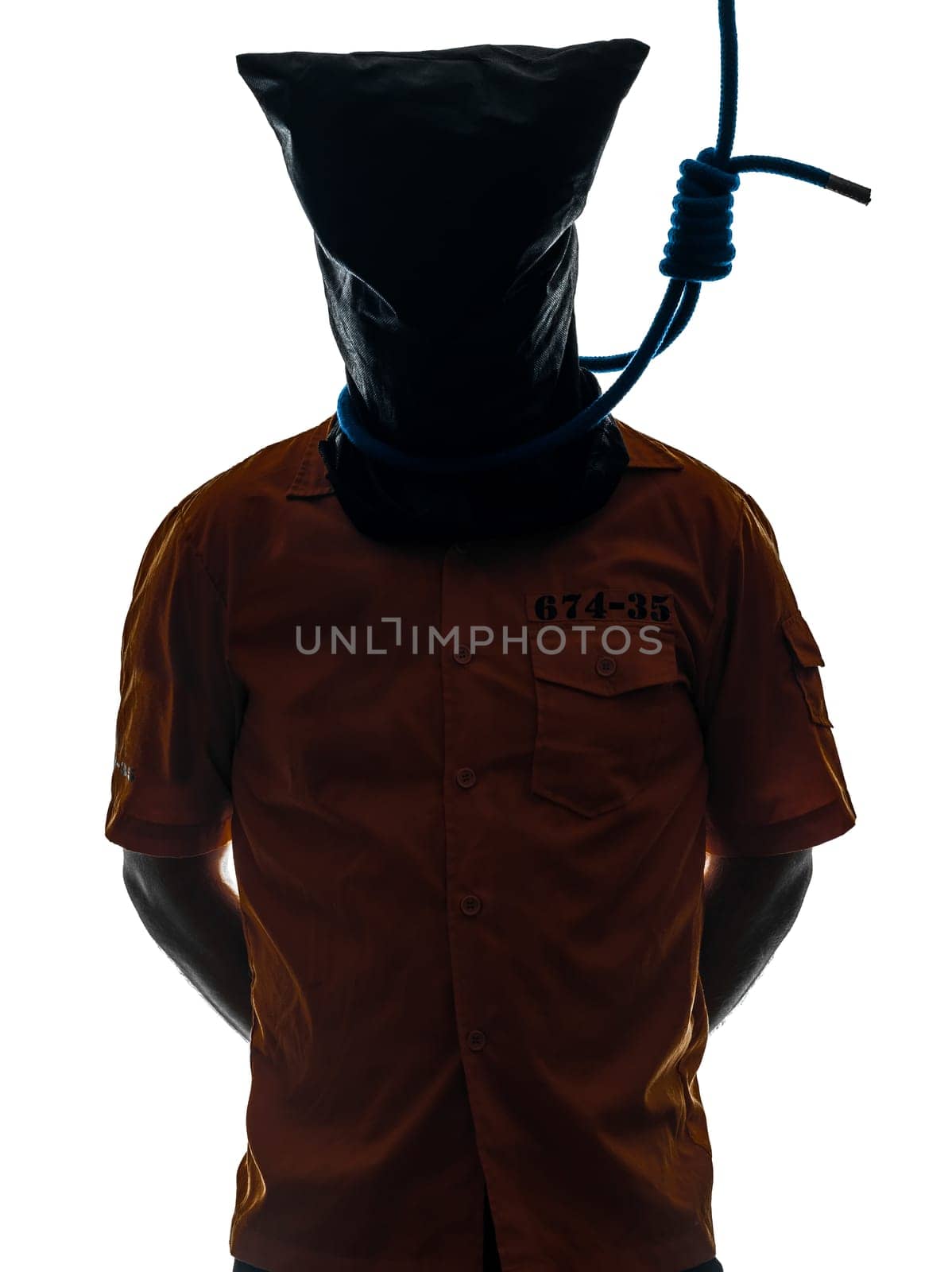 one caucasian criminal man with hangman noose around the neck  in silhouette studio isolated on white background