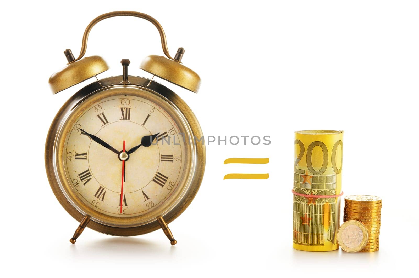Composition with old alarm clock and money isolated on white background