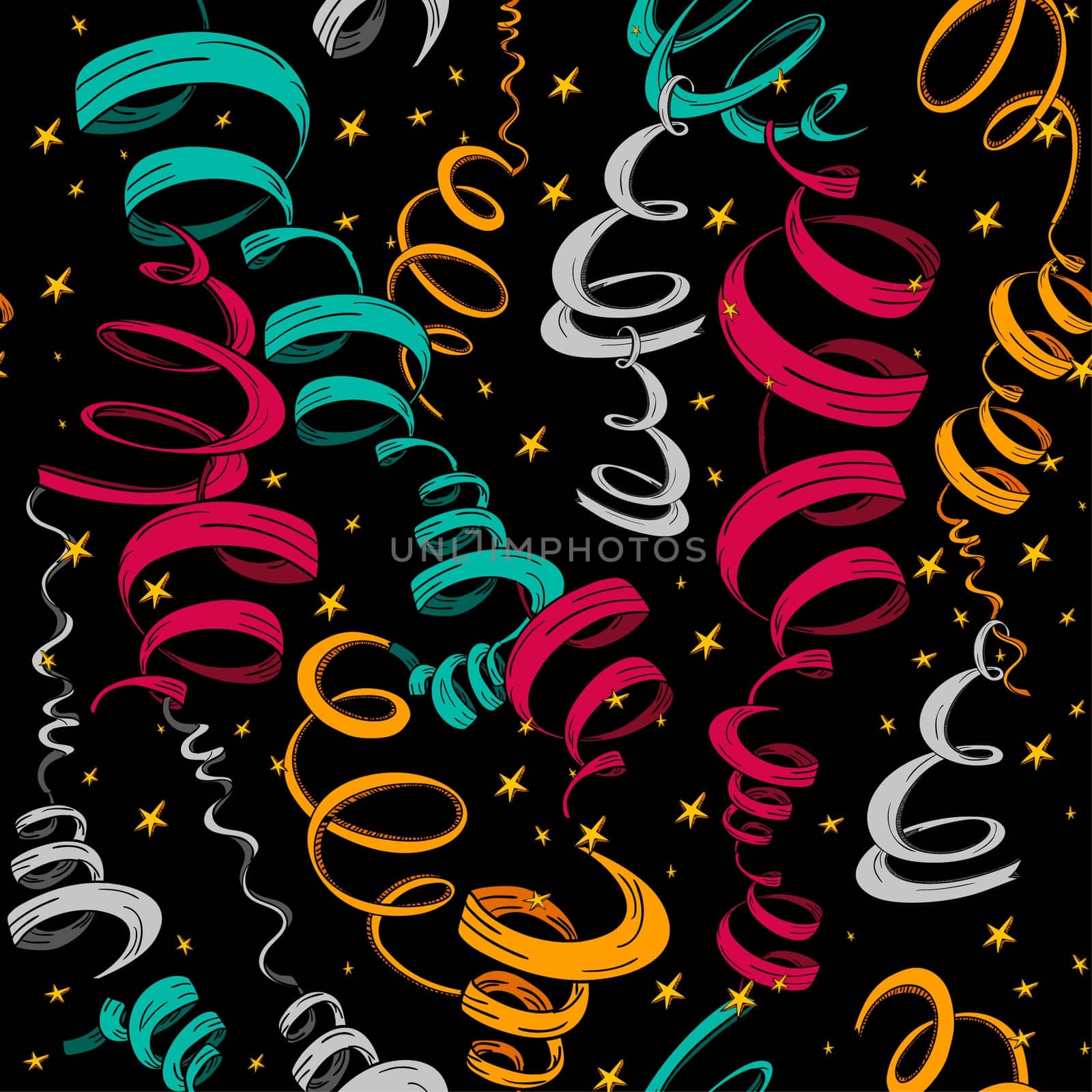 Festive days celebration with hand drawn ribbons and stars seamless pattern. Vector illustration layered for easy manipulation and custom coloring.
