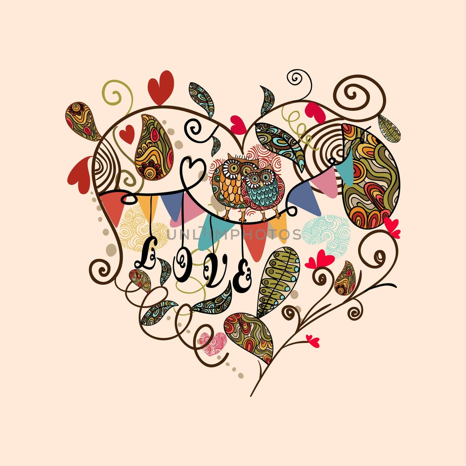 Valentine day cute heart with plants and owls couple card background. Vector illustration layered for easy manipulation and custom coloring.