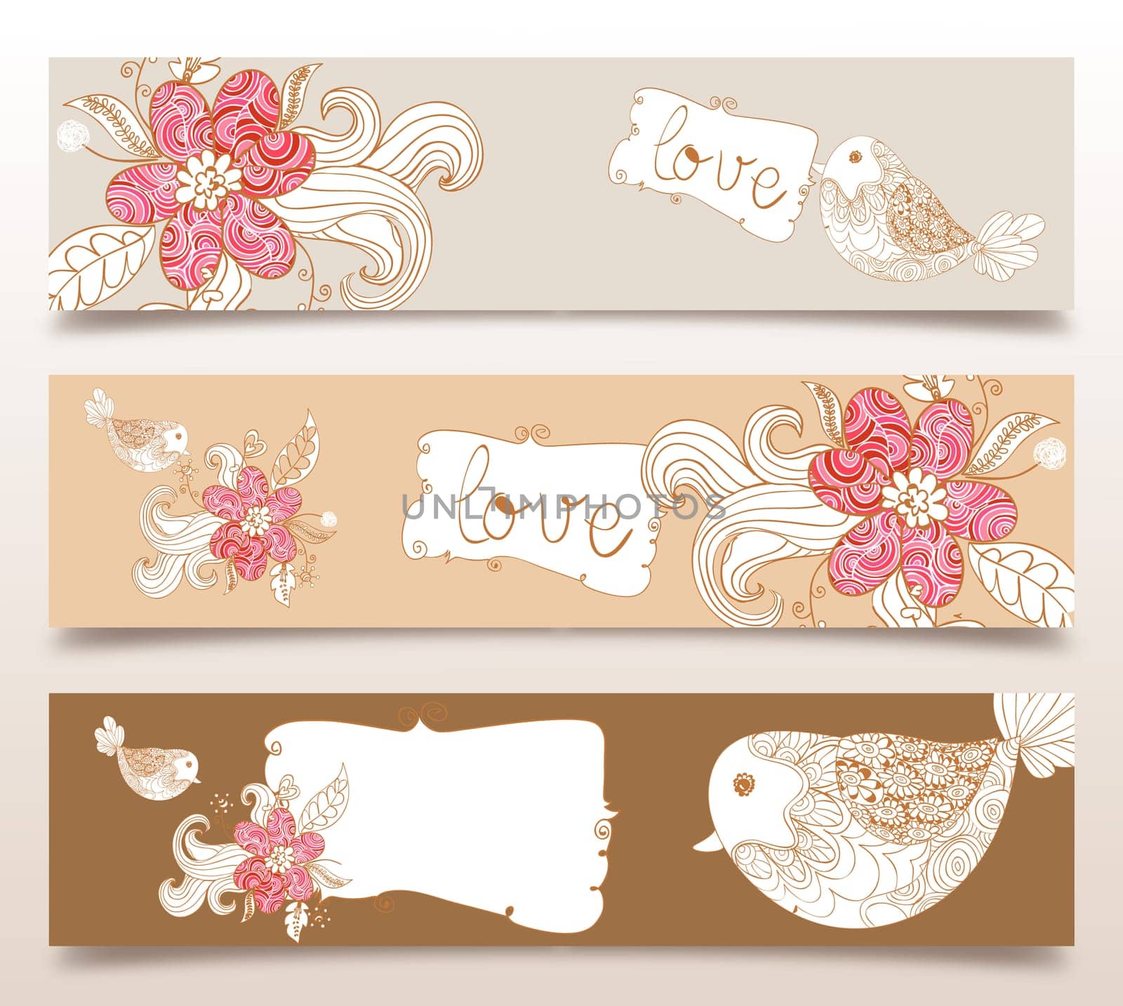 Valentine day love birds and spring flowers banners set background. Vector illustration layered for easy manipulation and custom coloring.