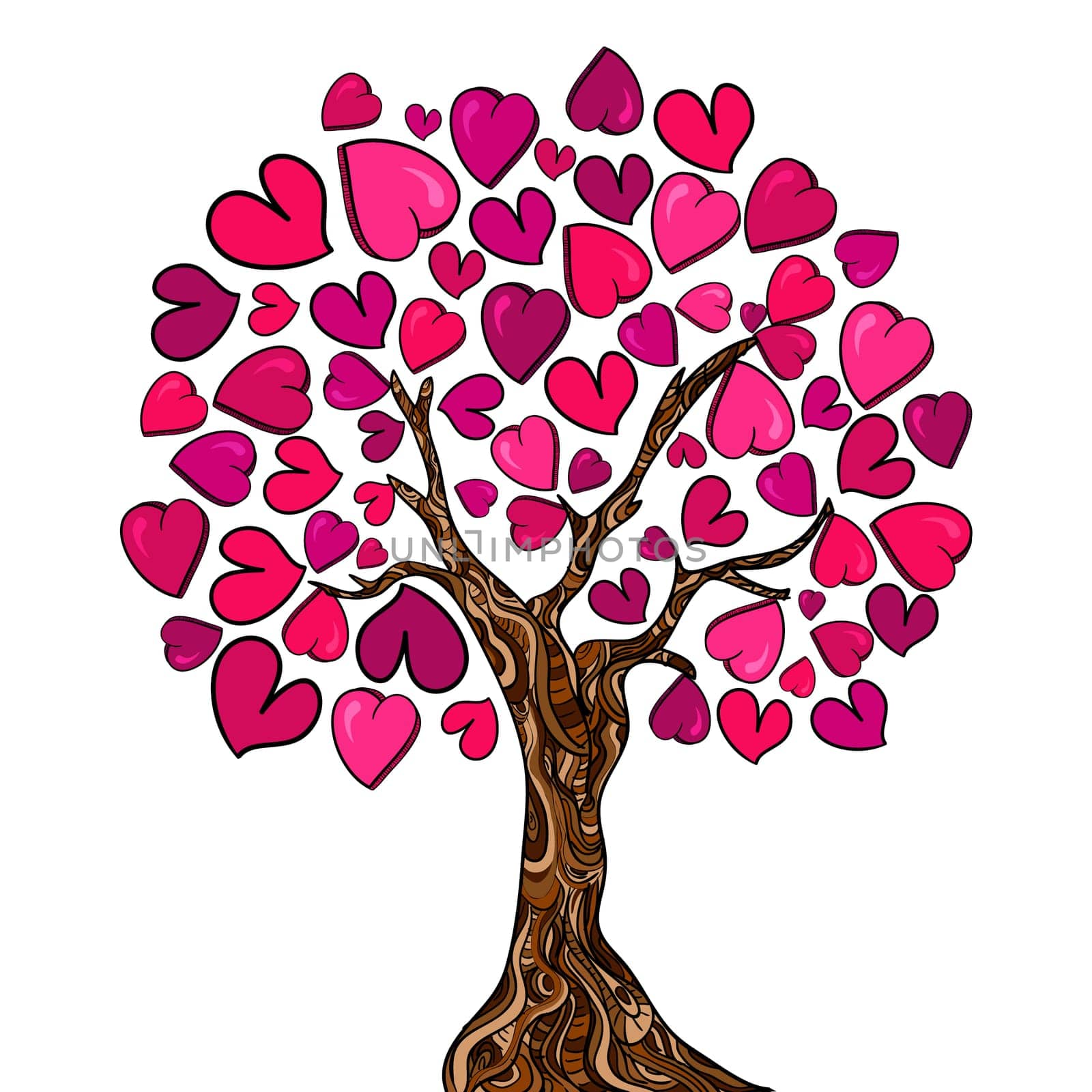 Valentine day hand-drawn love tree made of hearts. Vector illustration layered for easy manipulation and custom coloring.