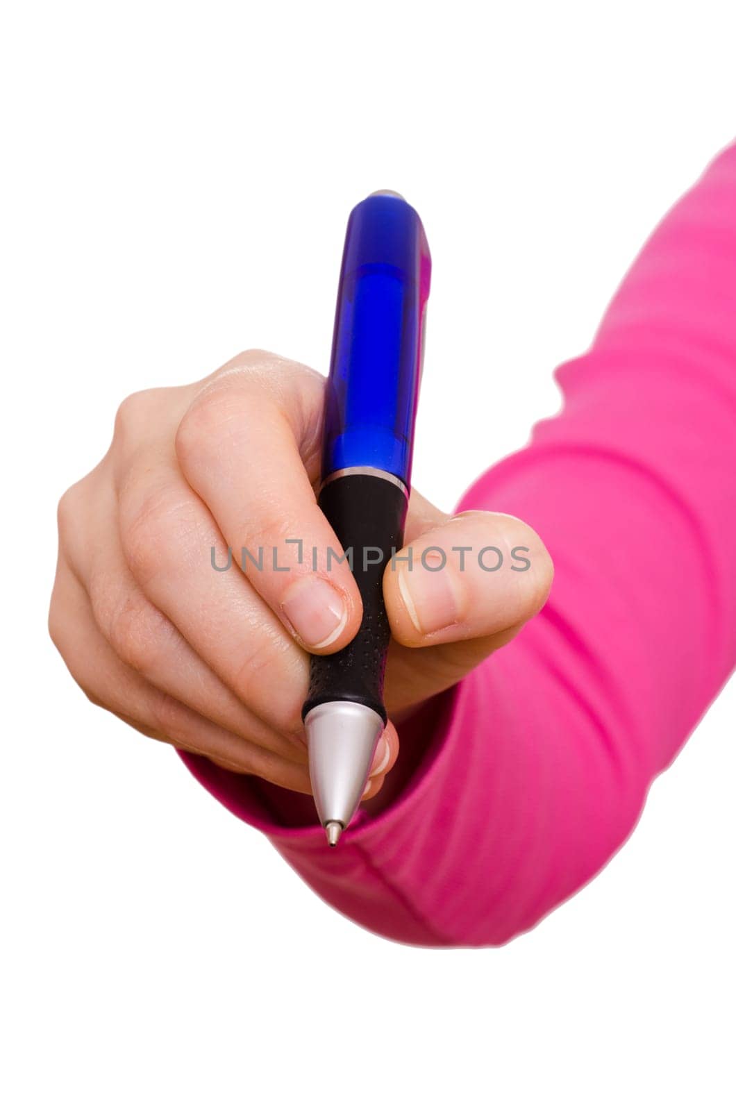White isolated female hand with ballpoint pen