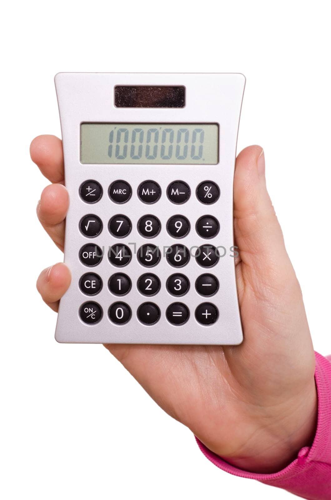 Hand holding a calculator with a million forward