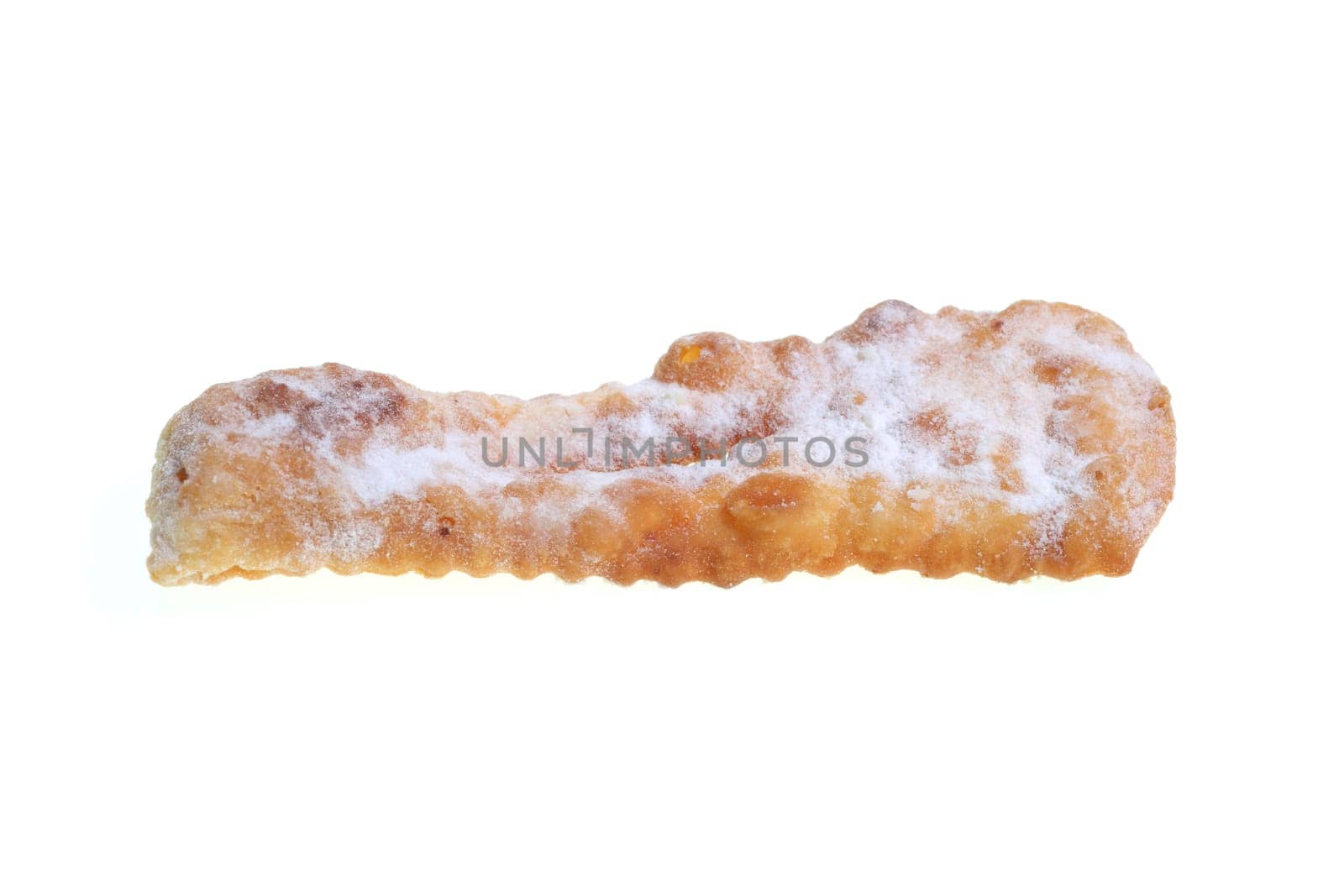 Details of "Angel wings"" or ""bugnes"" are a french traditional sweet crispy pastry made out of dough that has been deep-fried and sprinkled with powdered sugar."