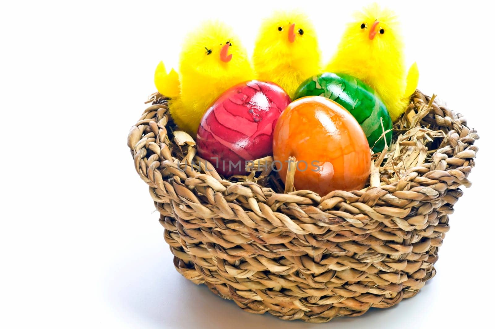 Easter nest with dyed eggs and chicks