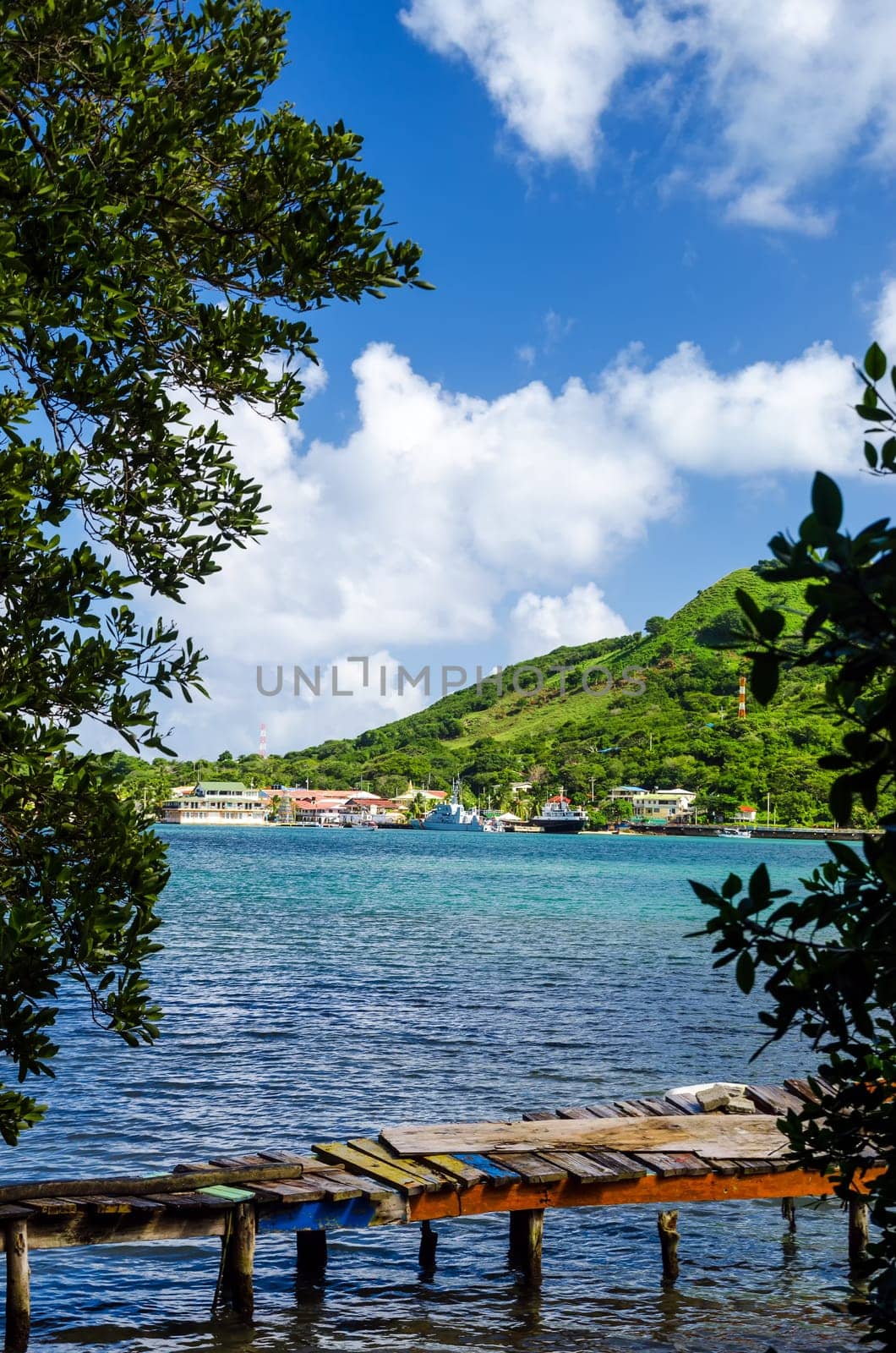 View of old wooden dock and lush tropical island