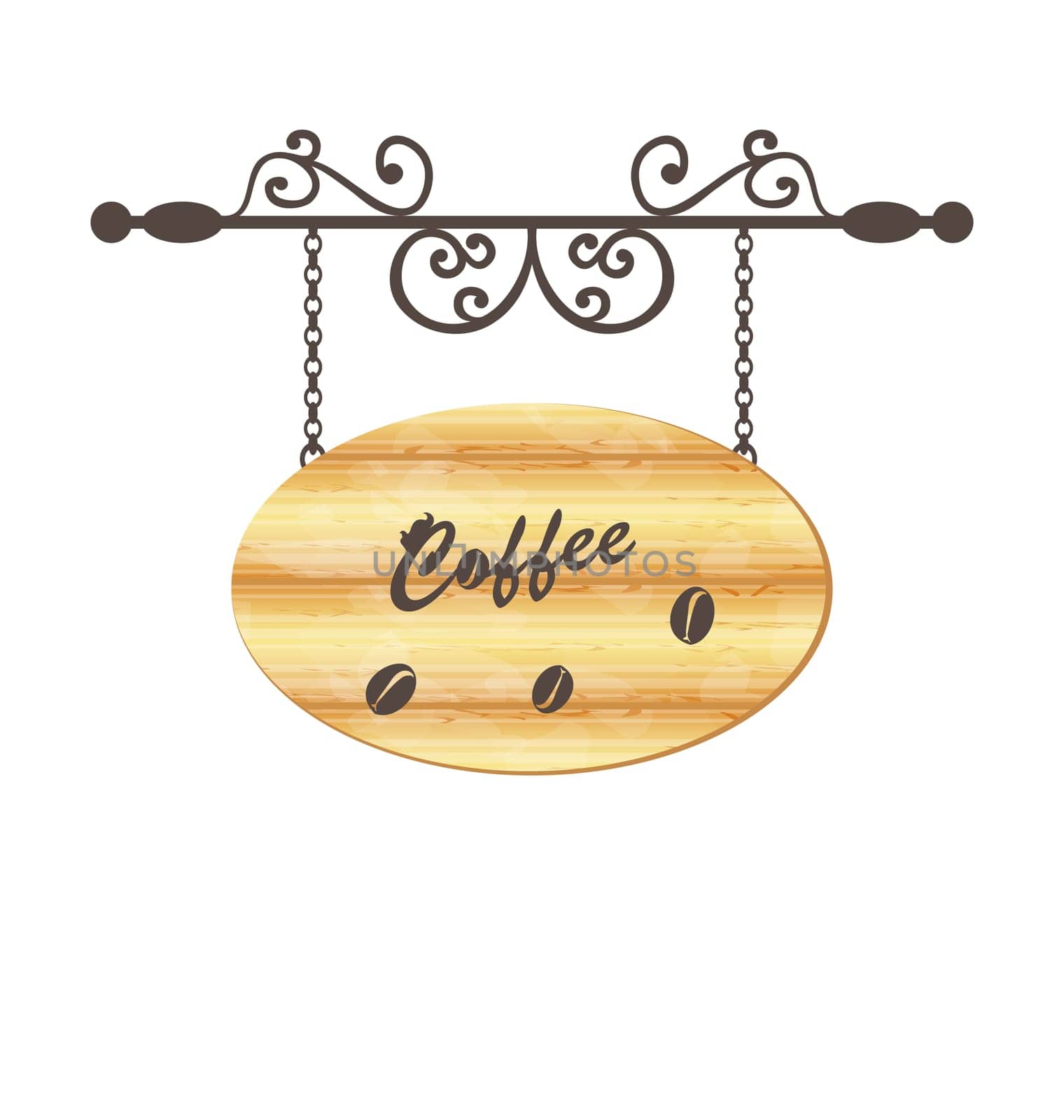 Illustration wooden sign with coffee bean, floral forging elements - vector