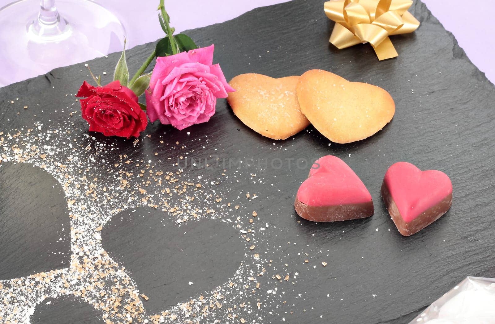 Dessert valentines day dish served on black slate