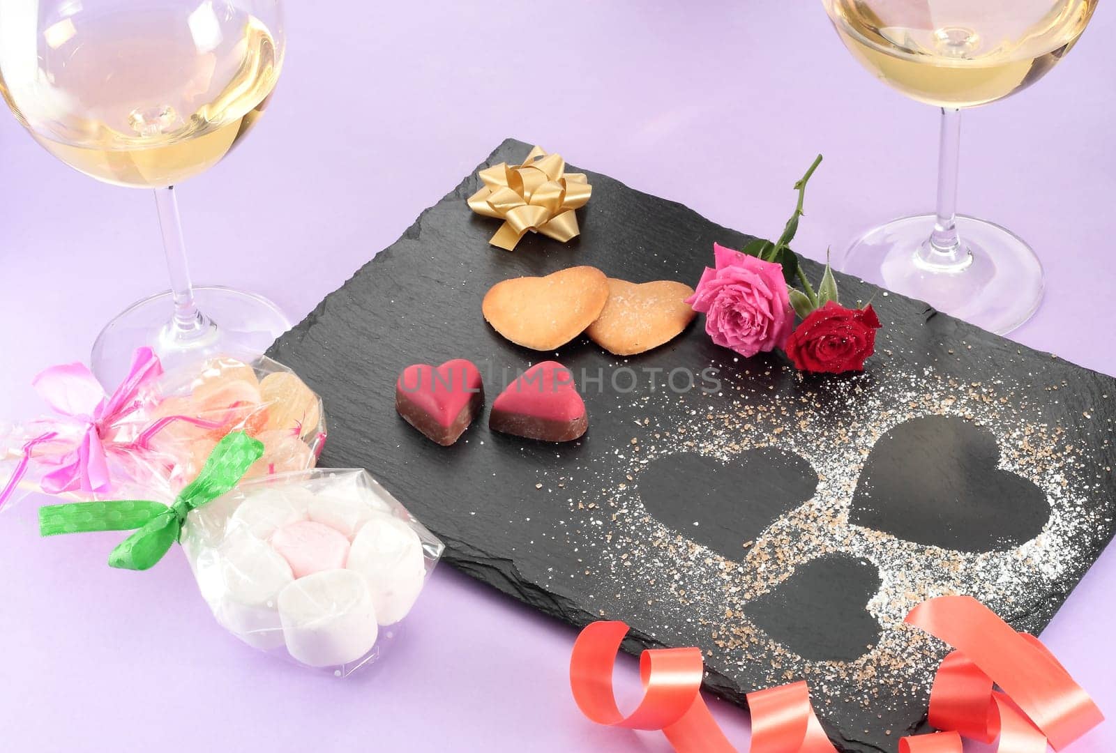 Dessert valentines day dish served on black slate