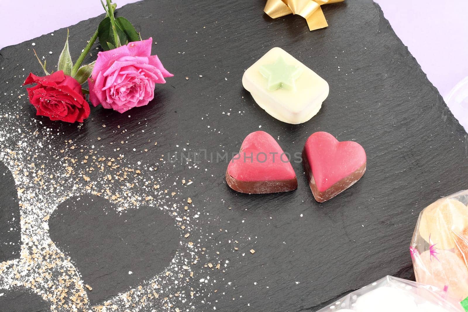 Dessert valentines day dish served on black slate