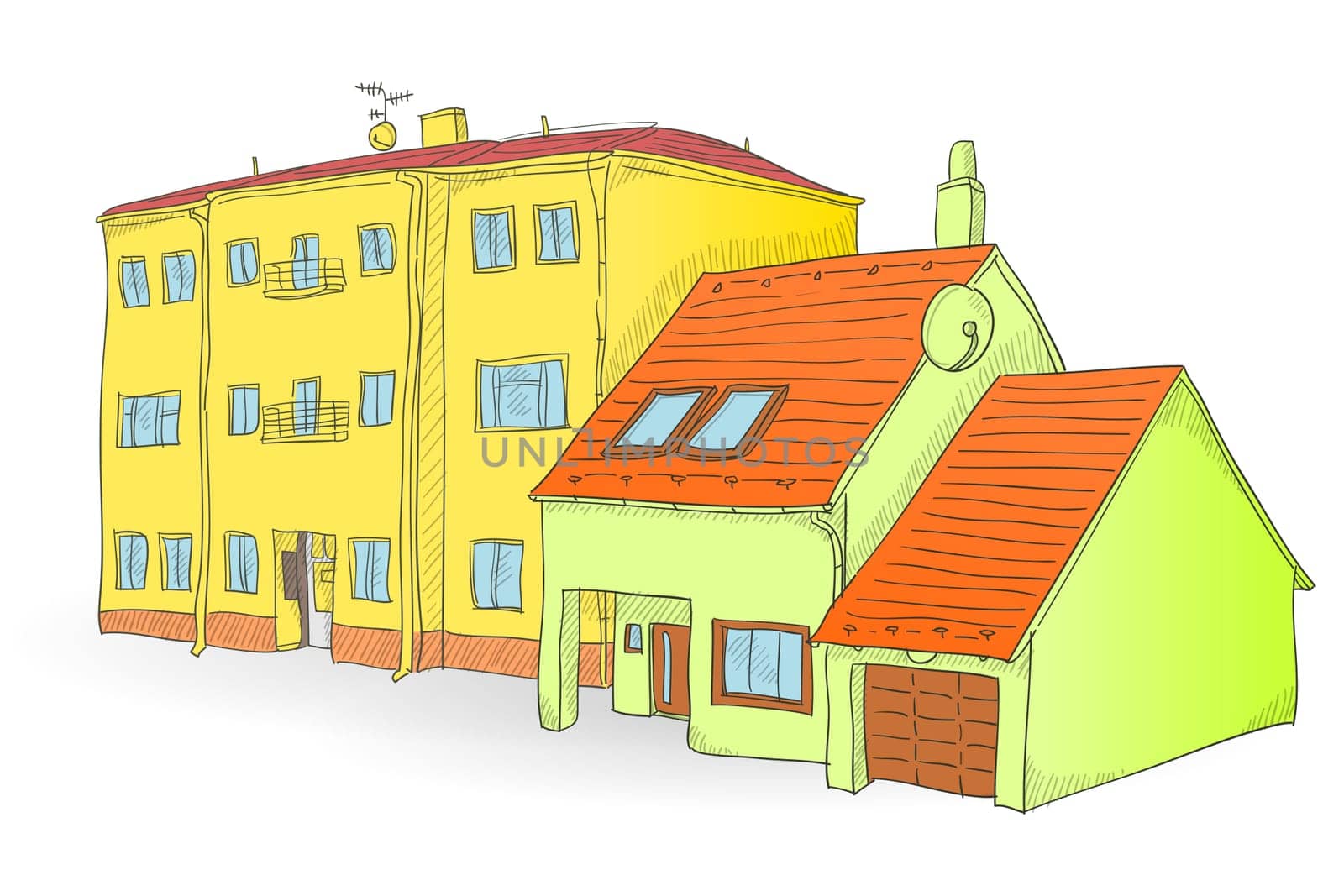 Handmade illustration of two buildings on white background