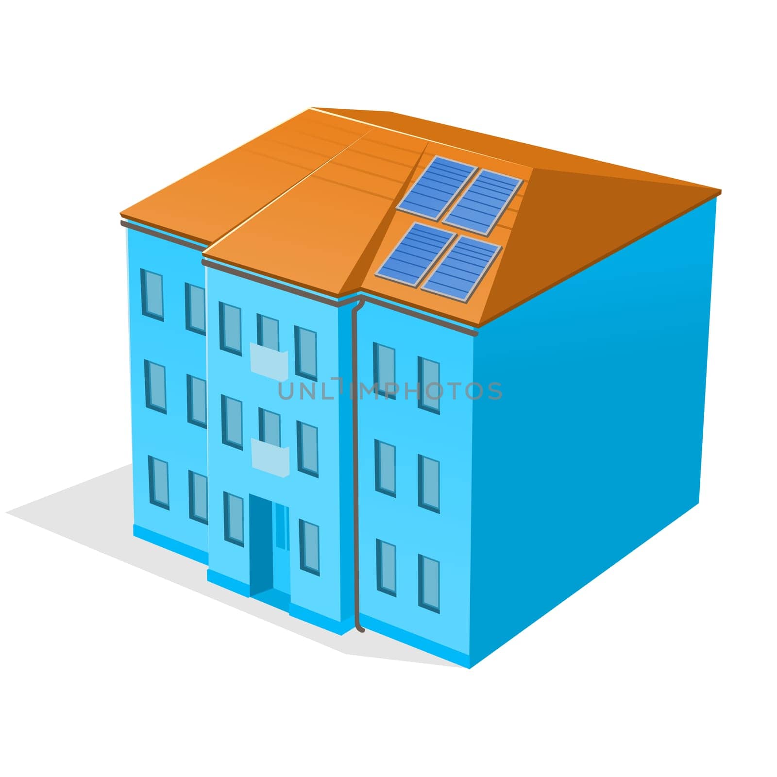 Modern house with blue solar panels on the roof