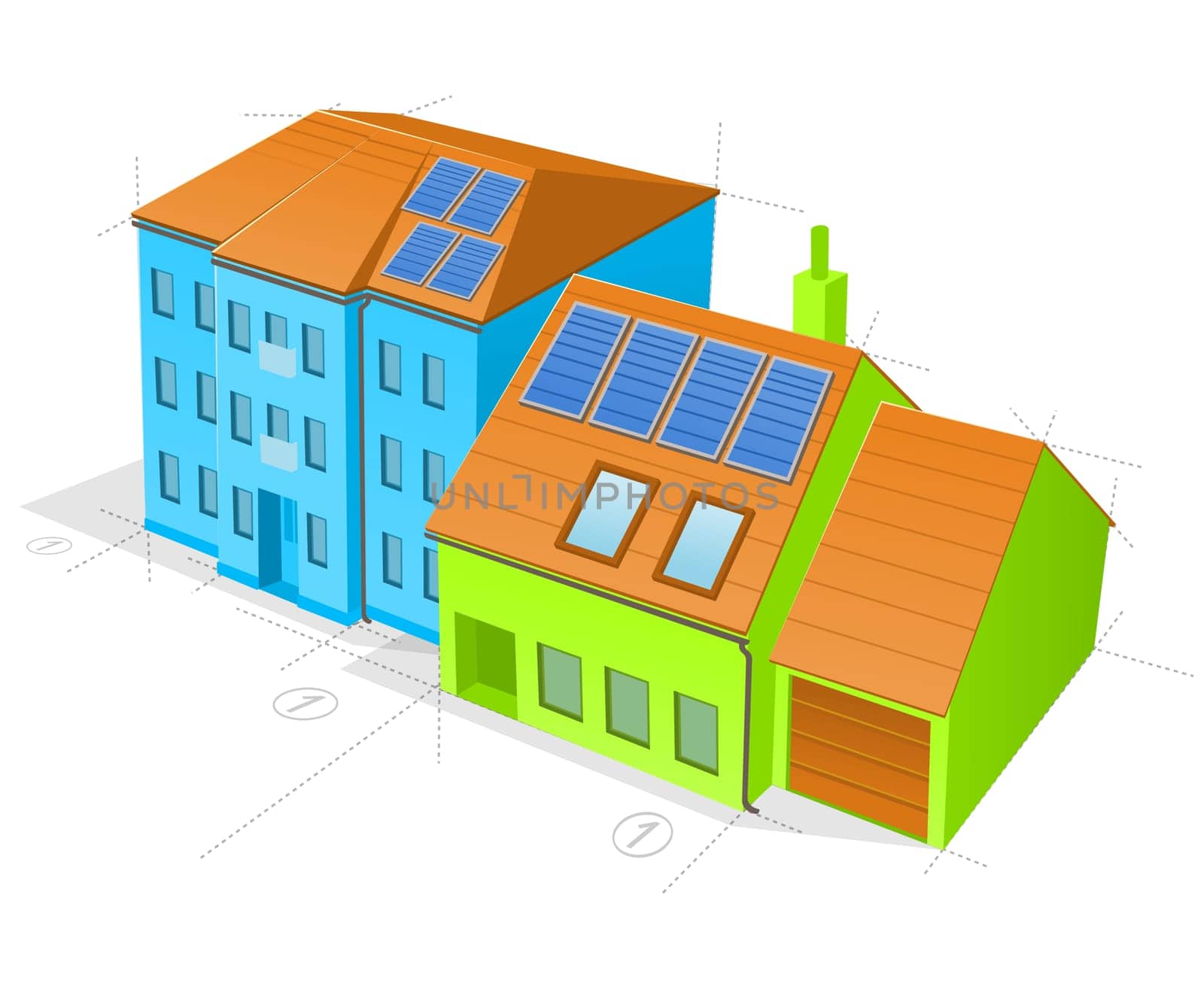 Handmade illustration of two buildings on white background