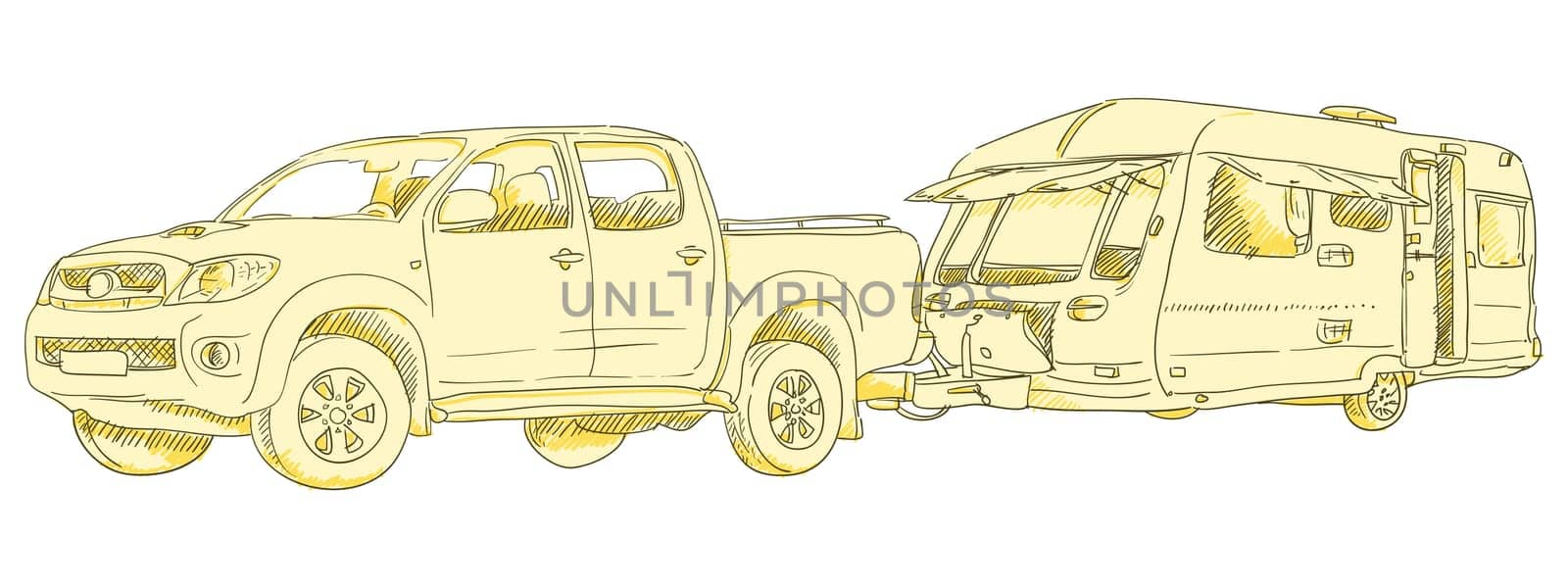 Illustration of a car and a towing caravan isolated on white