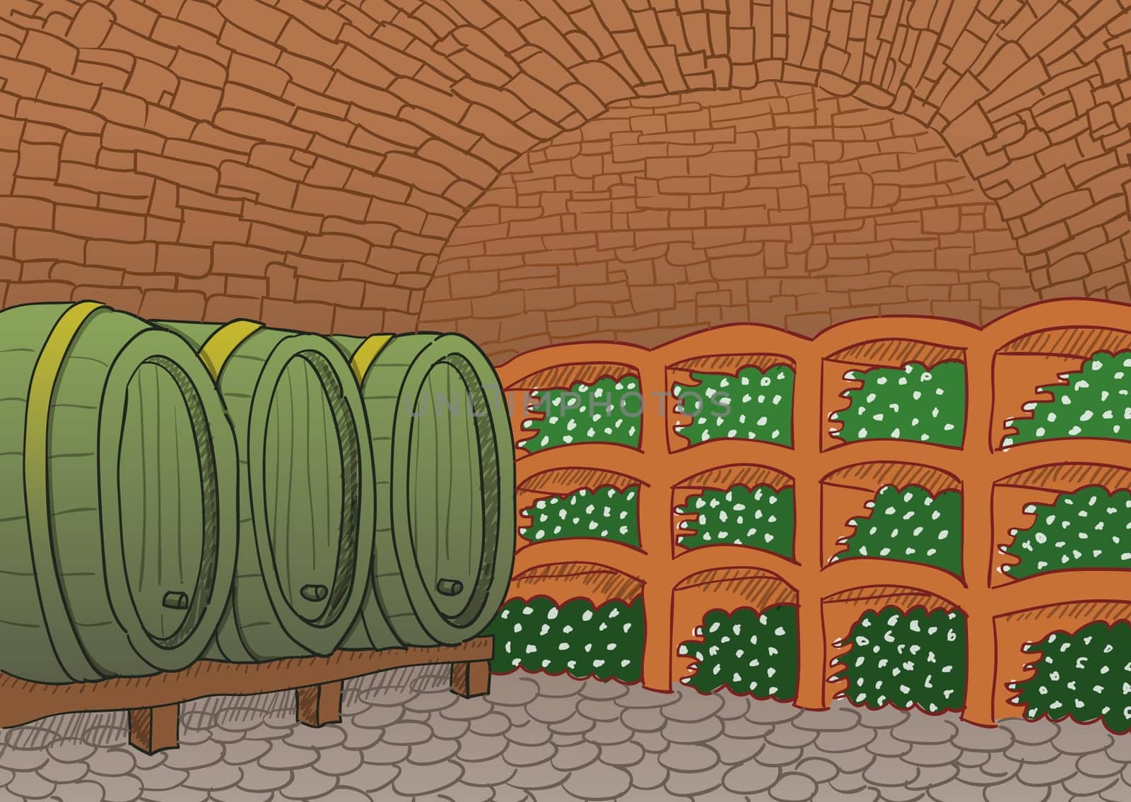 Colorful illustration of basement with alcoholic beverage