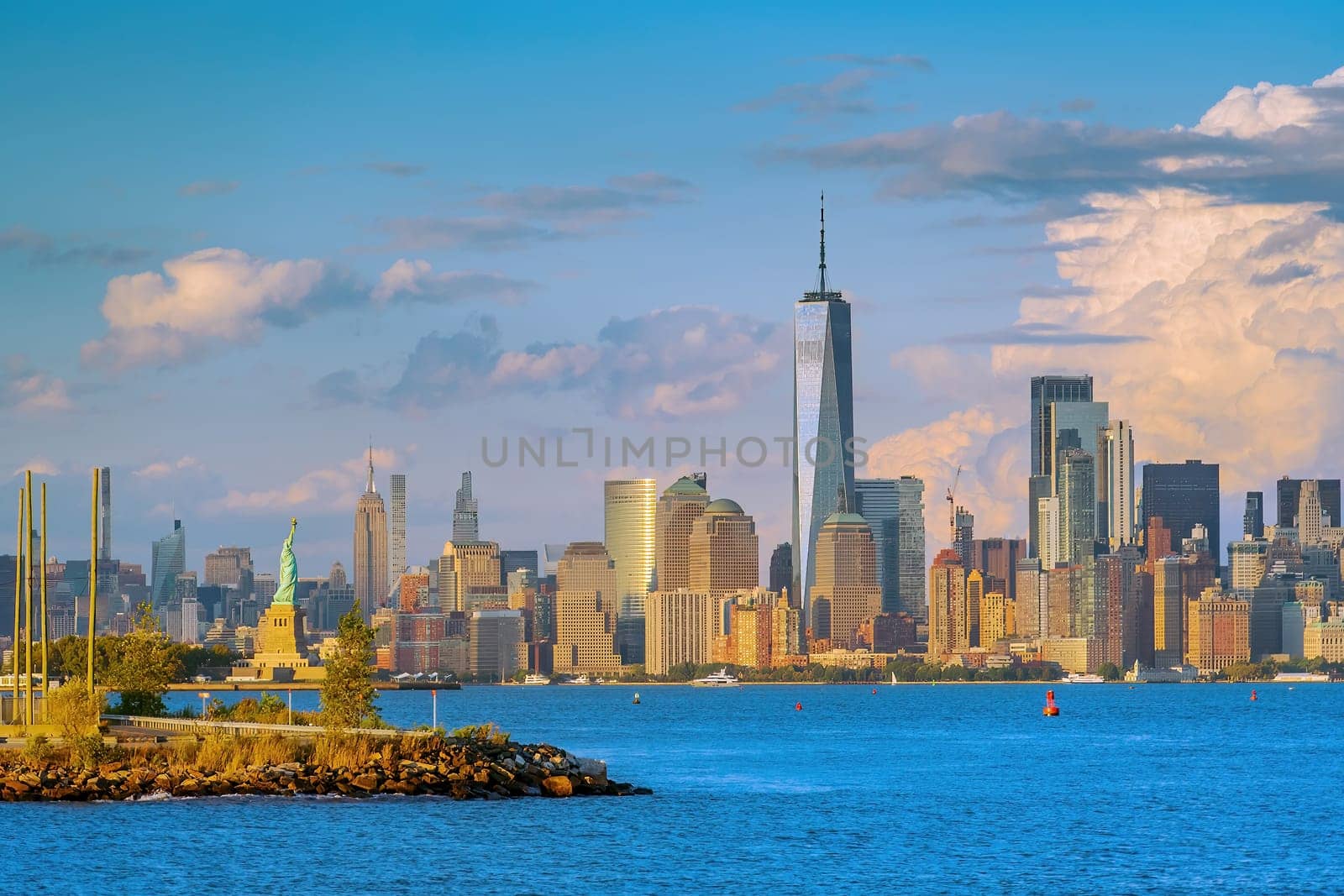 Manhattan's skyline, cityscape of New York City in the United State of America with the Statue of Liberty