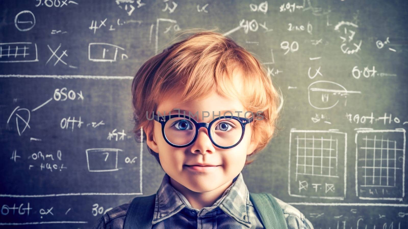 Curious smart boy in glasses against classroom whiteboard with math formulas background. Back to school. Generative Ai