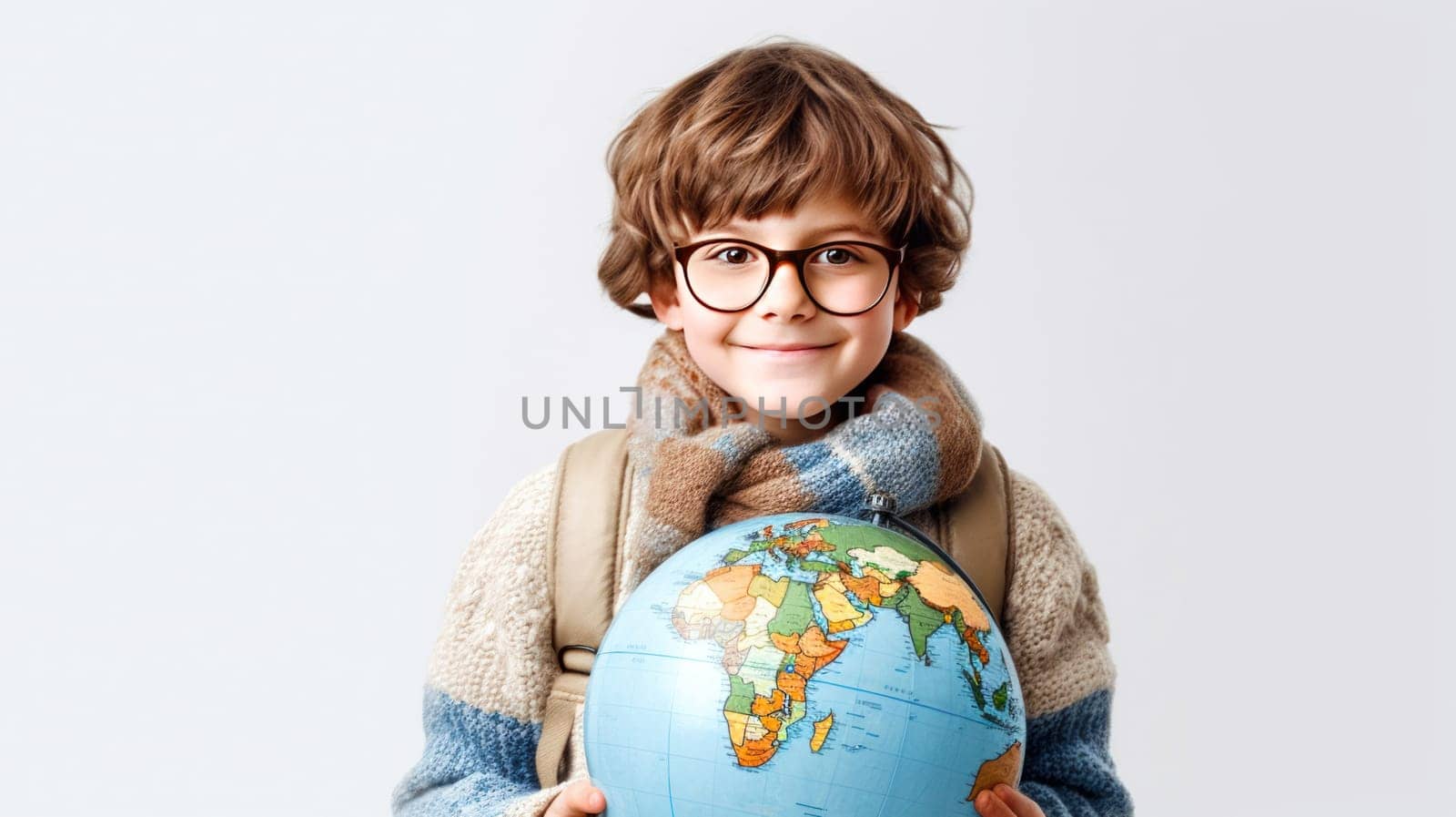 Little boy with backpack and globus looking at camera on white background. Back to school. Generative Ai