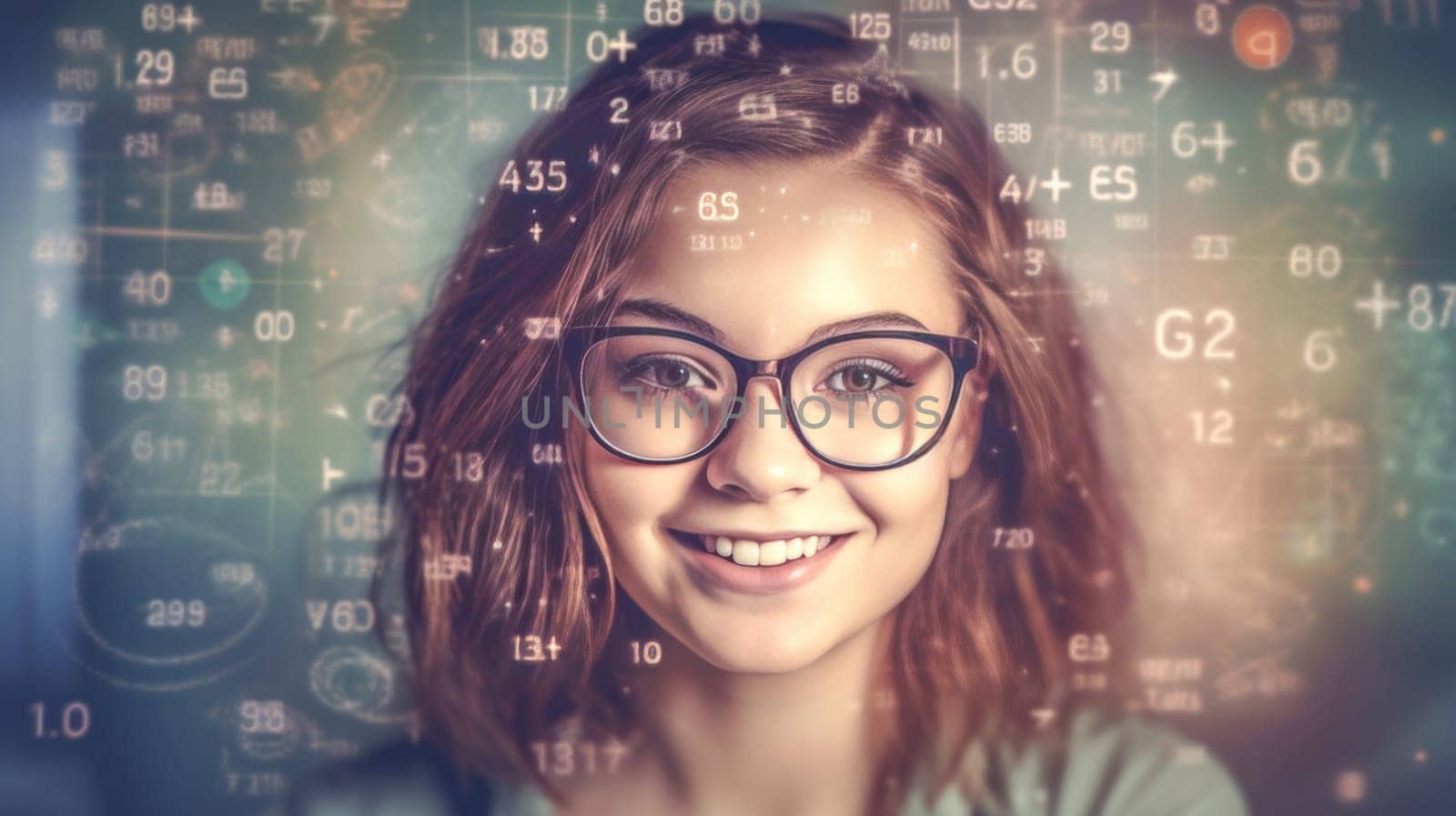 Curious smart girl in glasses against classroom whiteboard with math formulas background. Back to school. Generative Ai