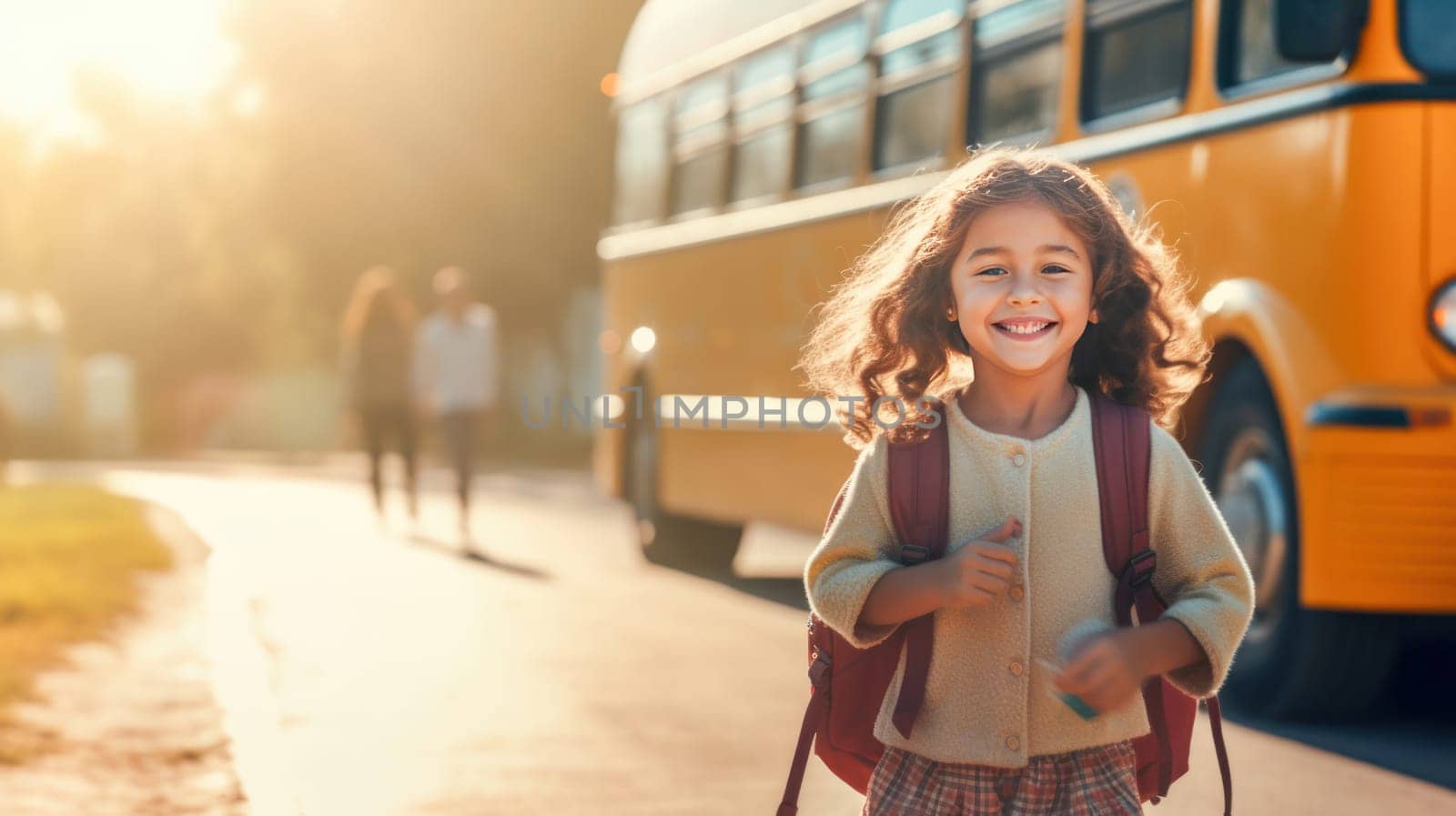 Little girl with backpack and books looking at camera yellow school bus on background. Back to school. Generative Ai
