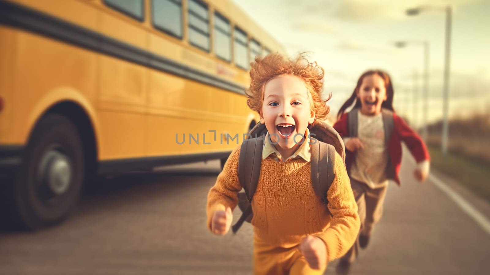 Funny kids with backpacks running and laughing to camera yellow school bus on background. Back to school. Generative Ai