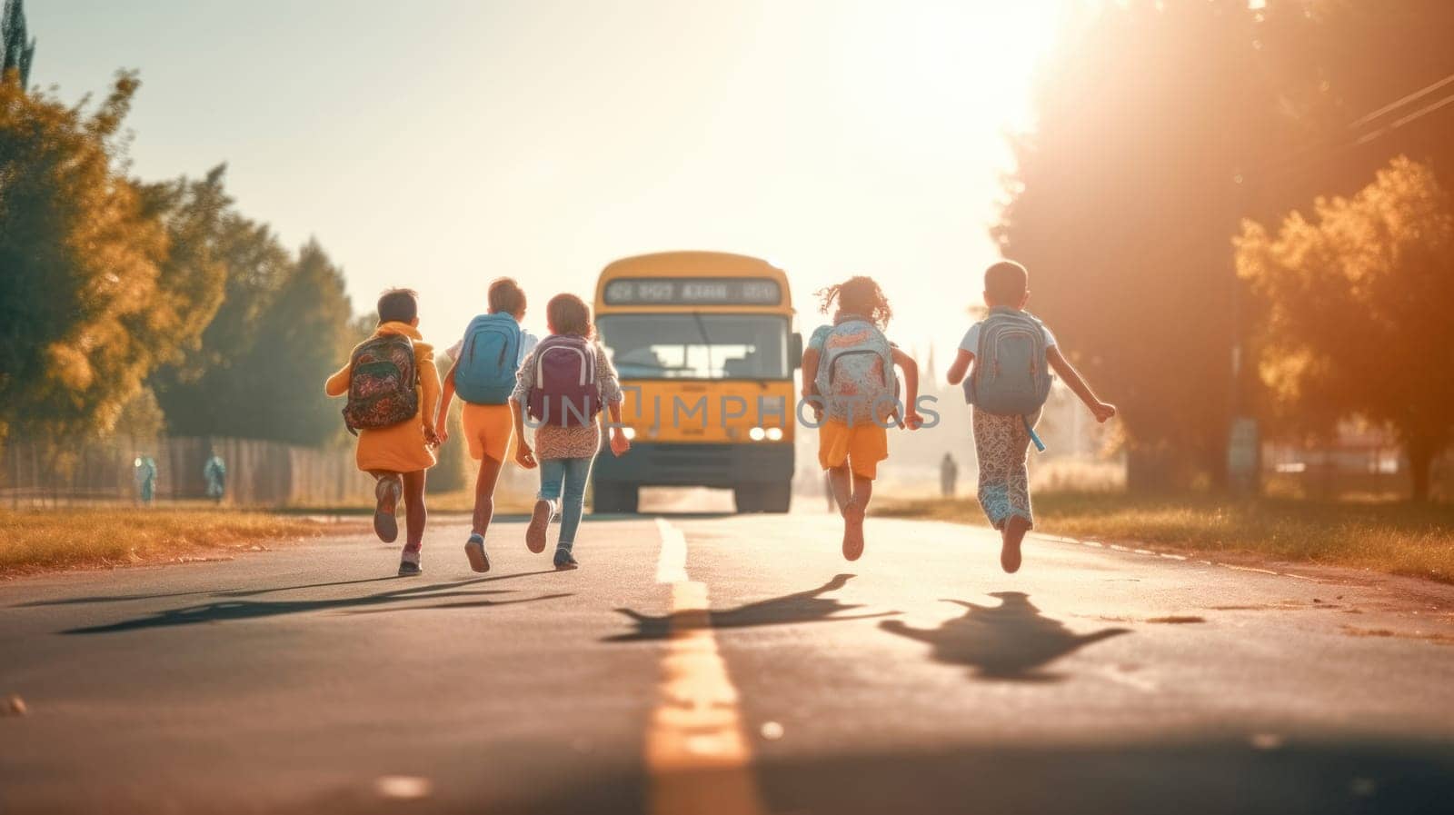Funny kids with backpacks running to yellow school bus on background. Back to school. Generative Ai