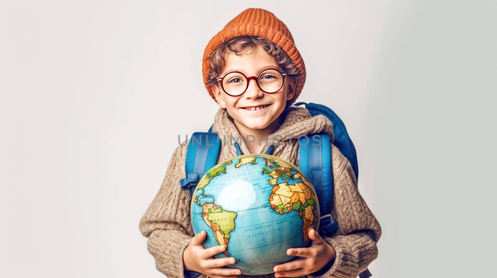 Little boy with backpack and globus looking at camera on white background. Back to school. Generative Ai
