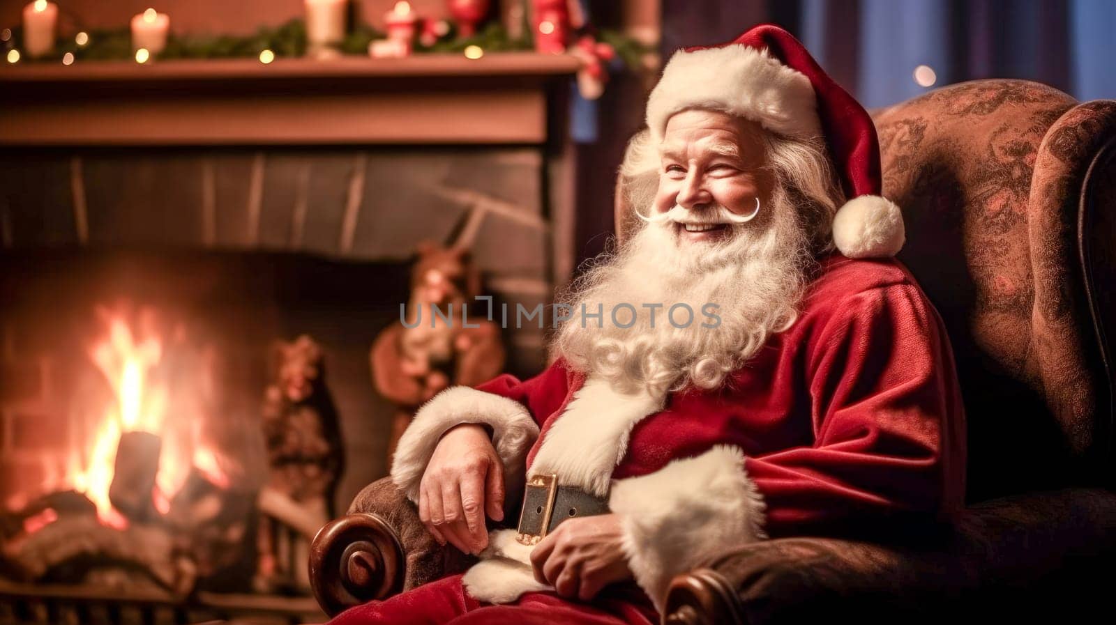 Santa Claus sitting in chair by the fireplace. Christmas and New Year concept. Home decoration. Generative Ai
