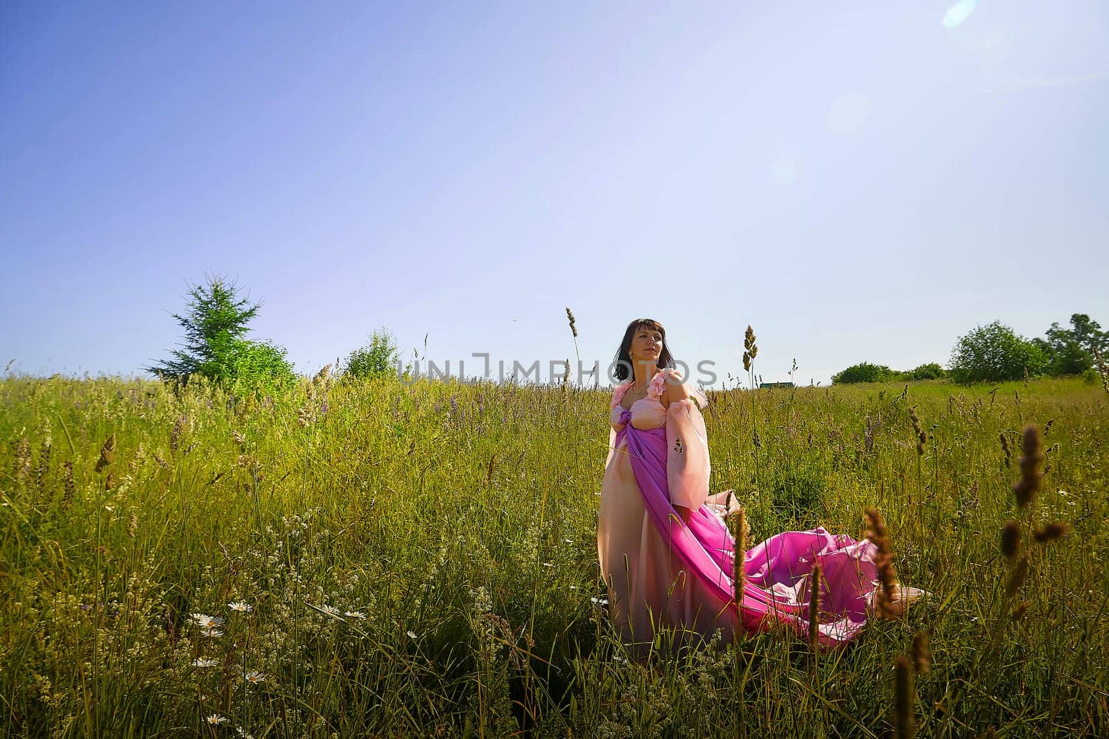 Beautiful girl in a lush pink ball gown in green field during blooming of flowers and blue sky on background. Model posing on nature landscape as princess from fary tale by keleny