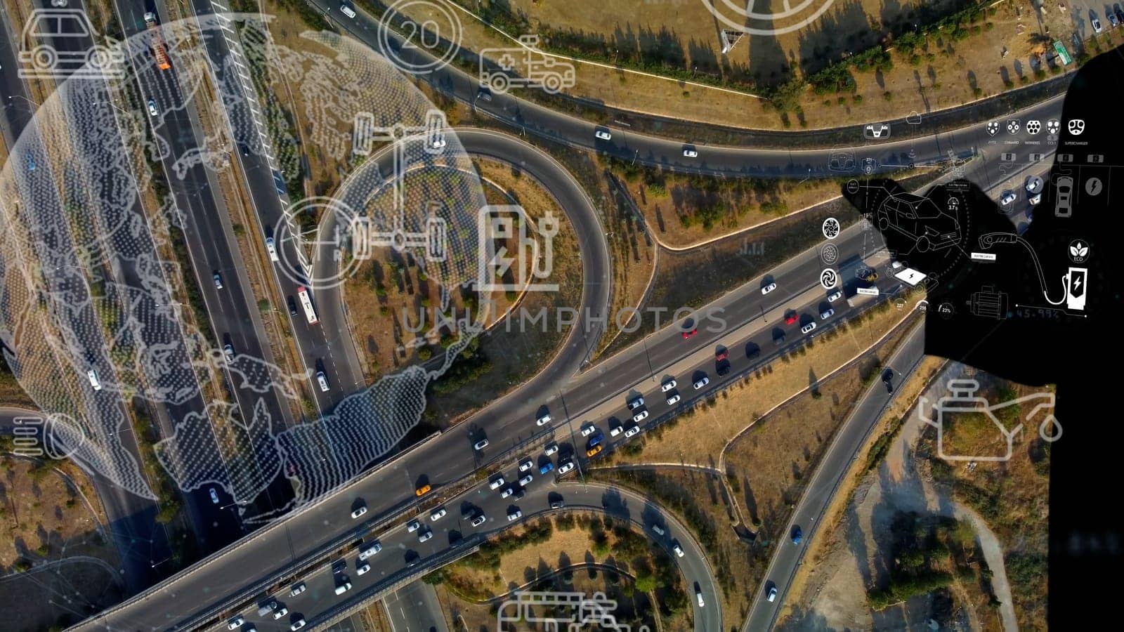Intelligent Vehicles Cars Communicating Ai Logistic Autonomous Delivery Vehicles IoT GPS Tracking Satellite 5G Smart Roads Traffic Road Junction Interchange Motorway Triangulation Of Traffic Data. High quality photo