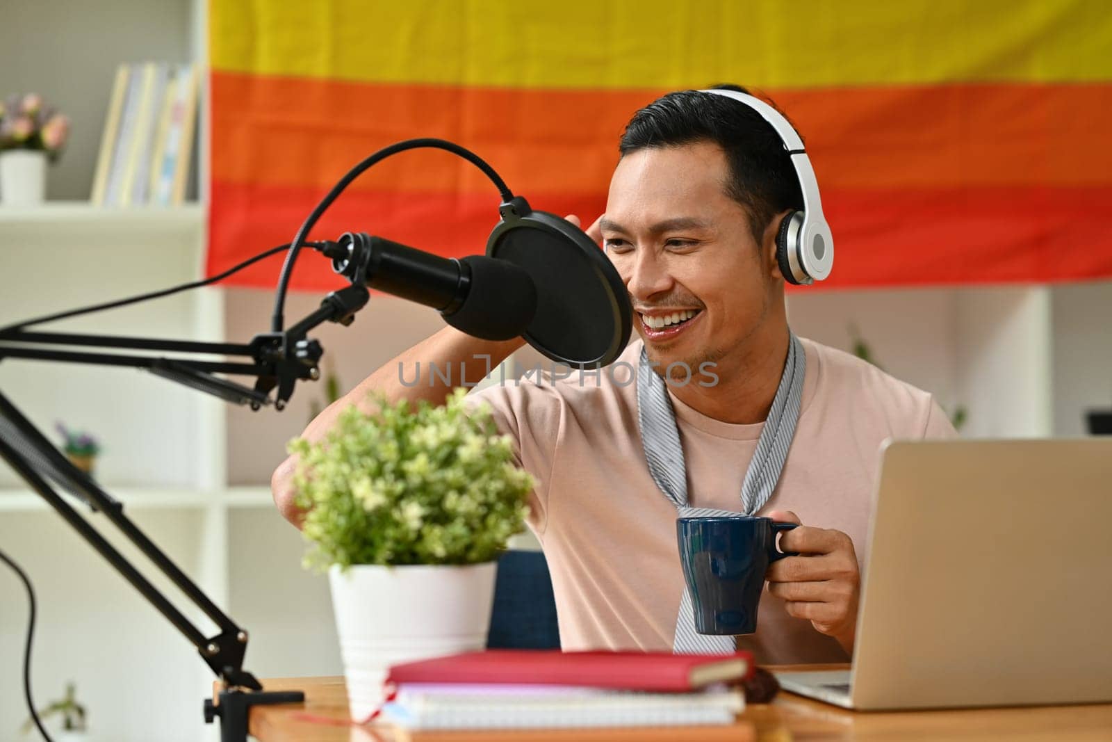 Smiling gay man radio host in headphone talking through microphone for recording conversation for channel.