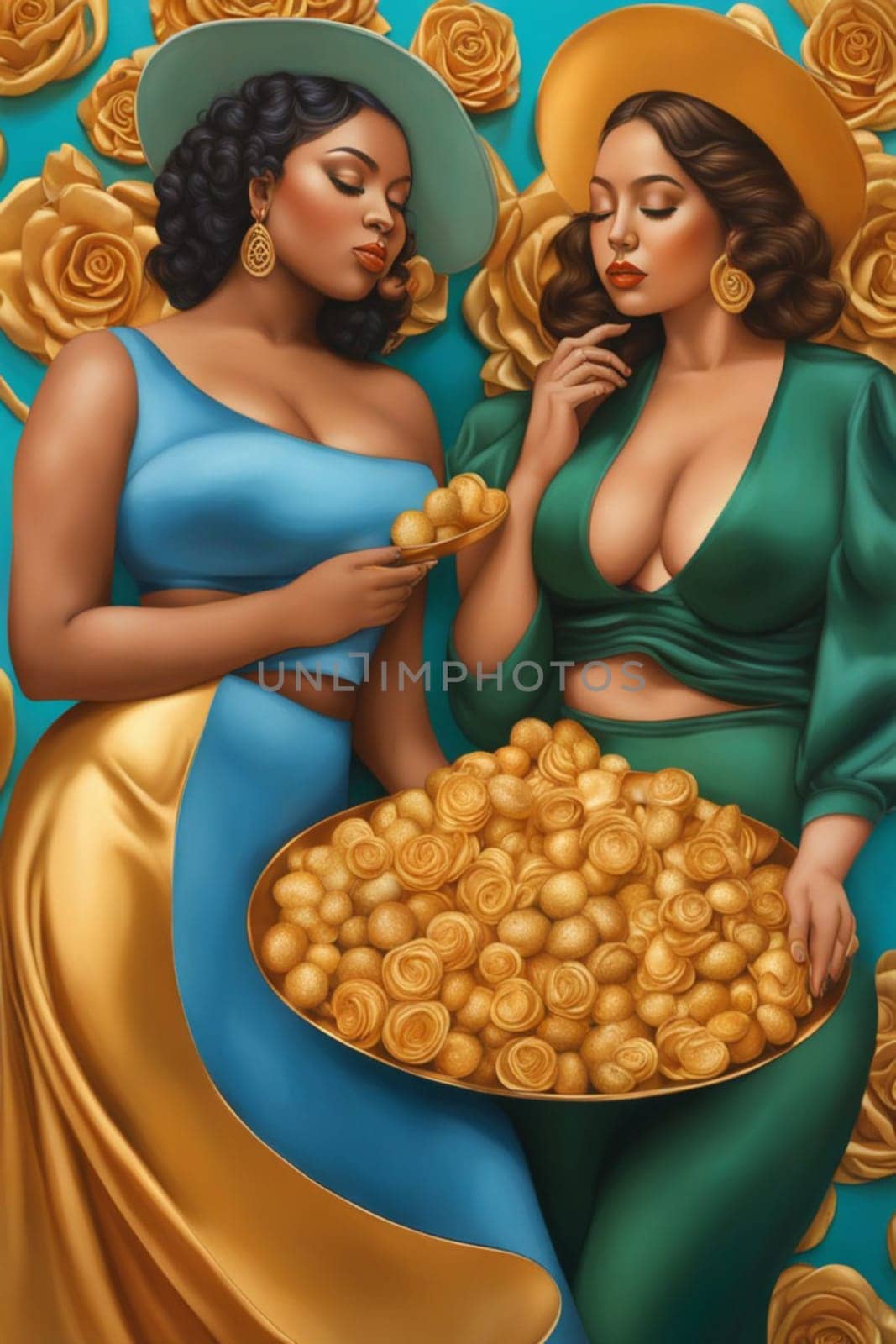 couple of modern empowered woman drink and eat, illustration , blue, copper and pastel tones by verbano